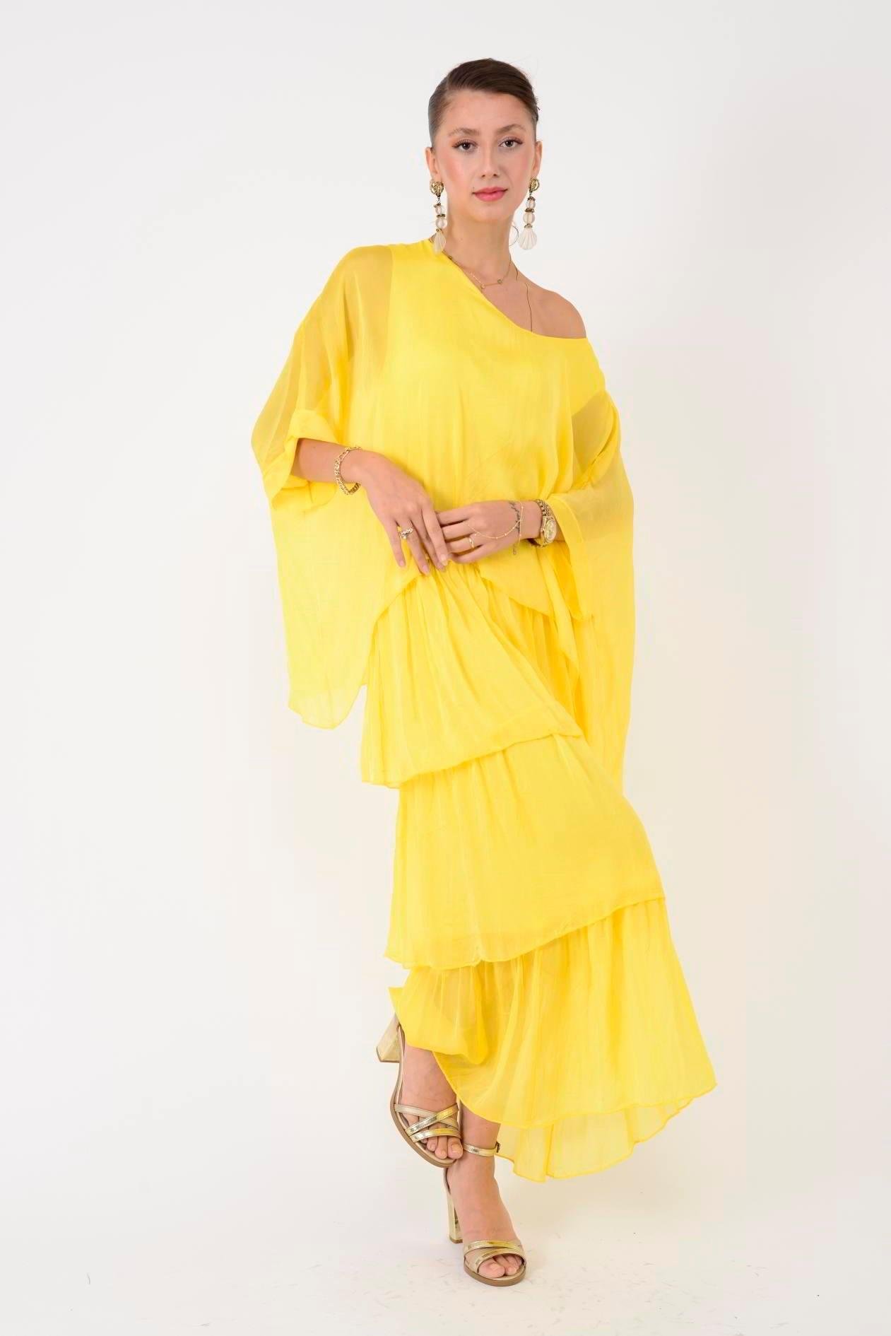 6105 Bluz Detay Kat Kat Uzun İpek Elbise