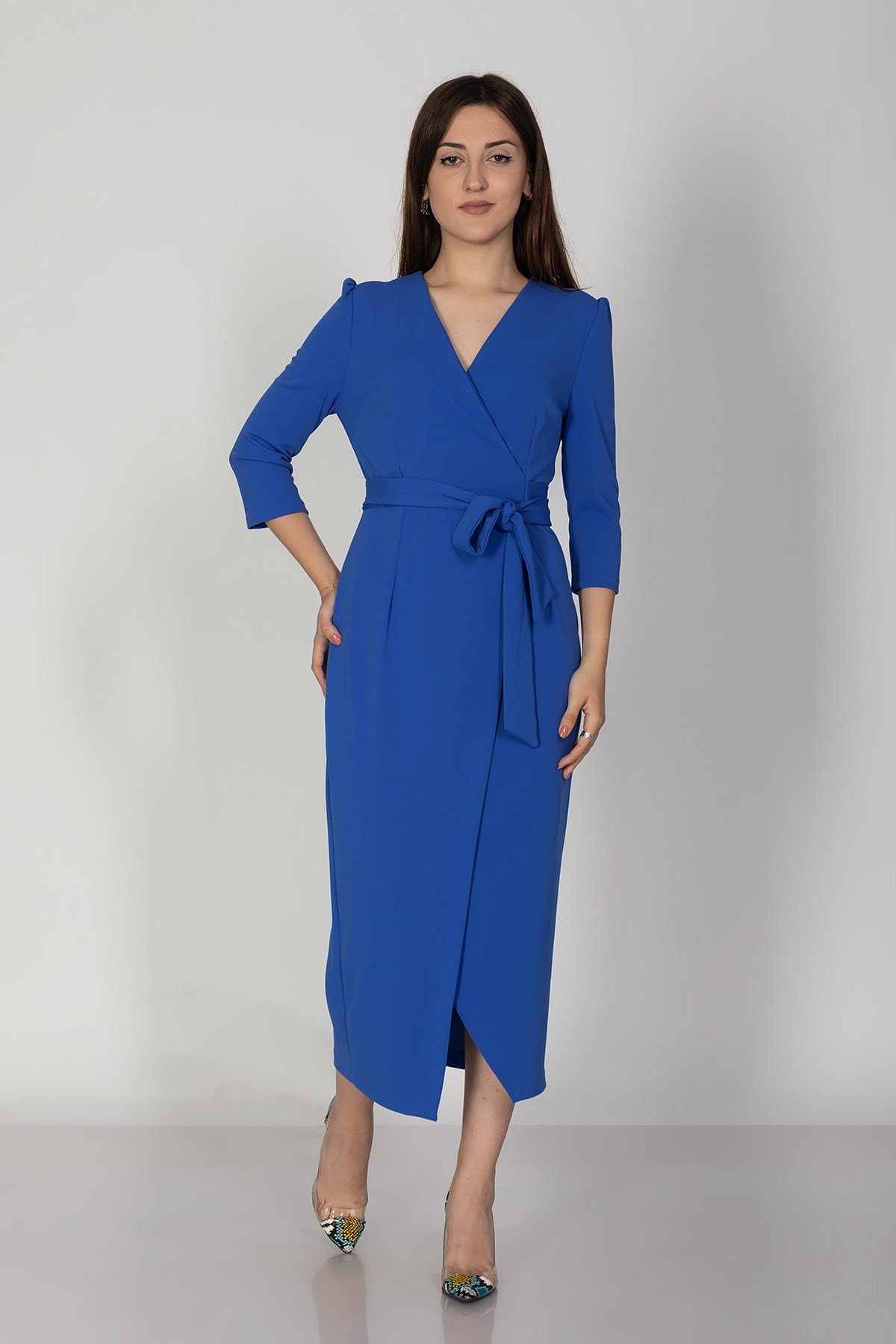 61246 Kruvaze Yaka Bağlamalı Krep Elbise