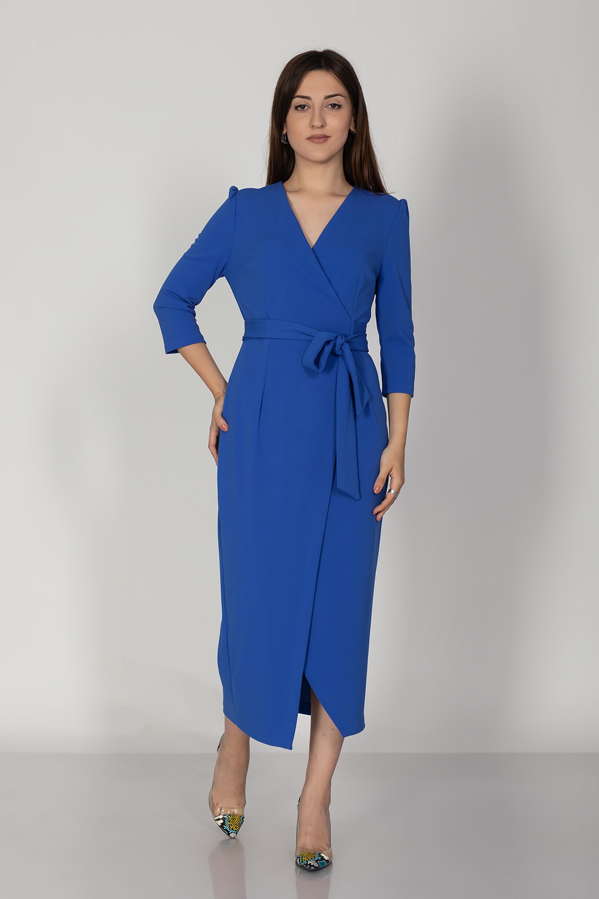 61246 Kruvaze Yaka Bağlamalı Krep Elbise