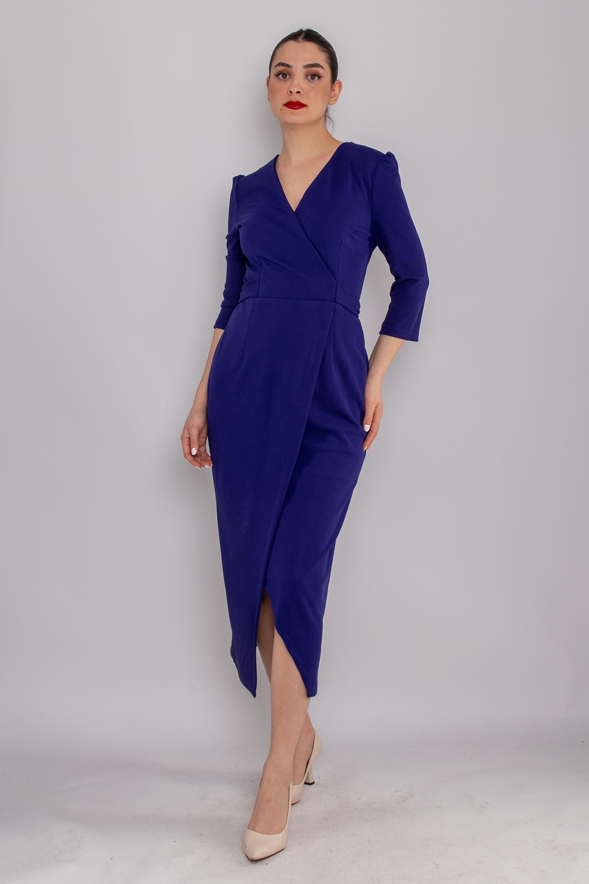 61246 Kruvaze Yaka Bağlamalı Krep Elbise