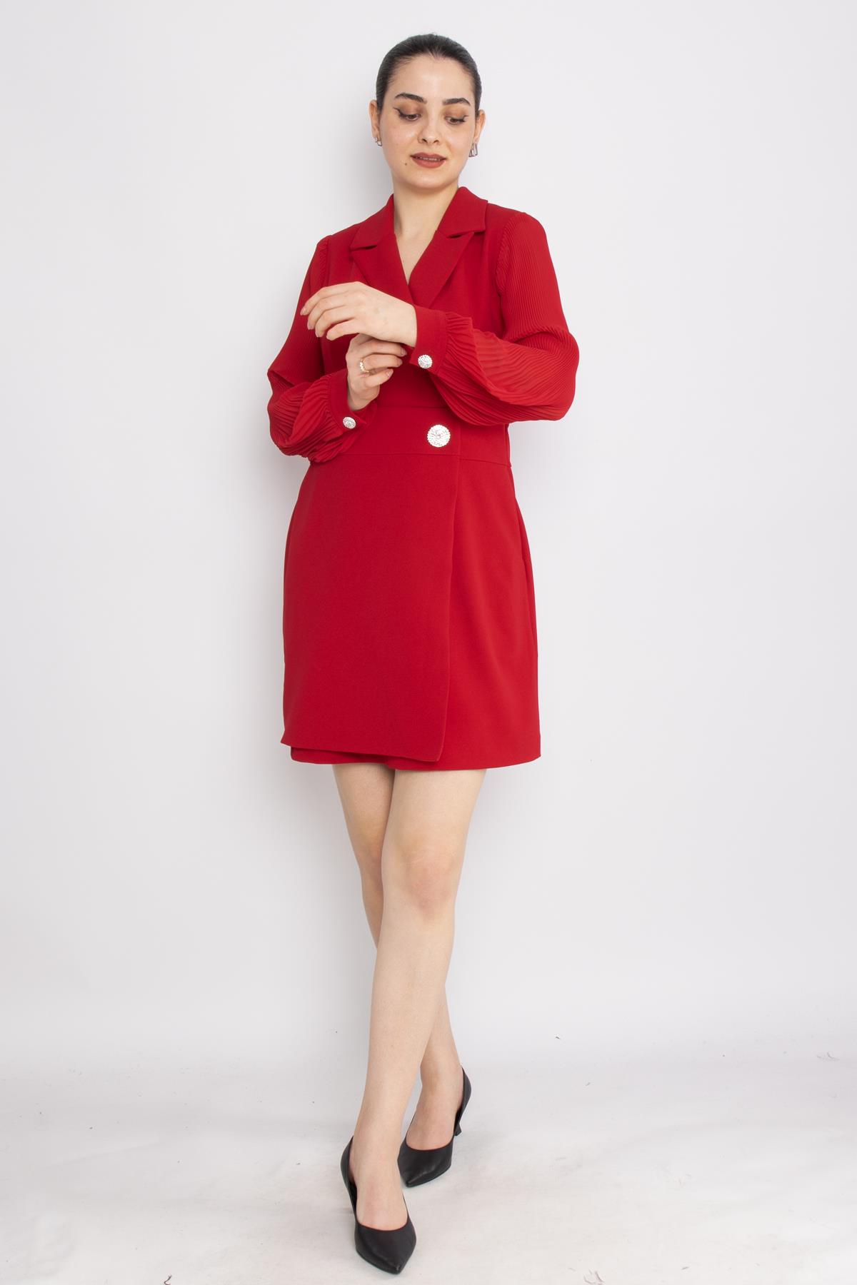 61891 Pilise Kol Kruvaze Yaka Broş Detay Kapaklı Kısa Krep Elbise