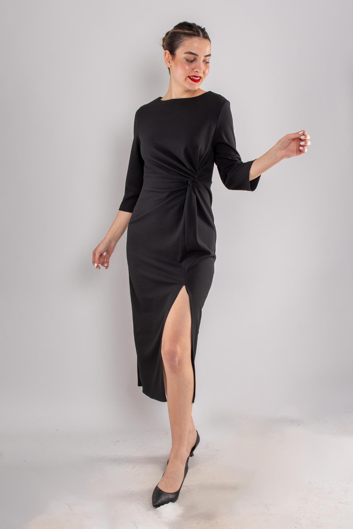 61923 Kollu Bisiklet Yaka Yandan Büzgülü Uzun Krep Elbise