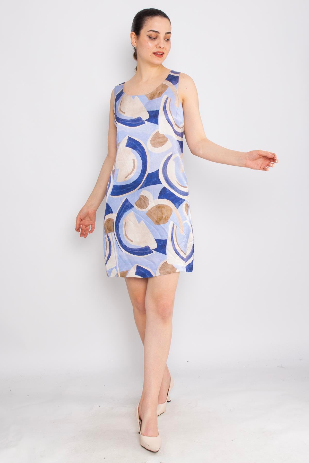 62039 Geometrik Desen Astarsız Keten Kolsuz Elbise