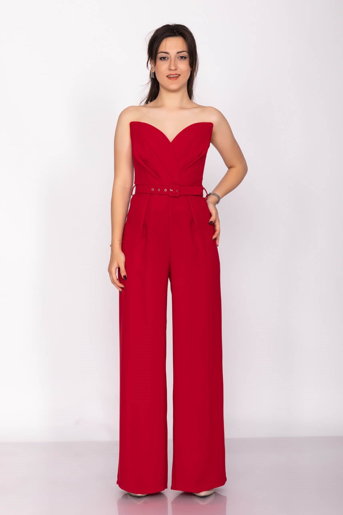 70116 Kemerli Straplez Kadın Krep Tulum