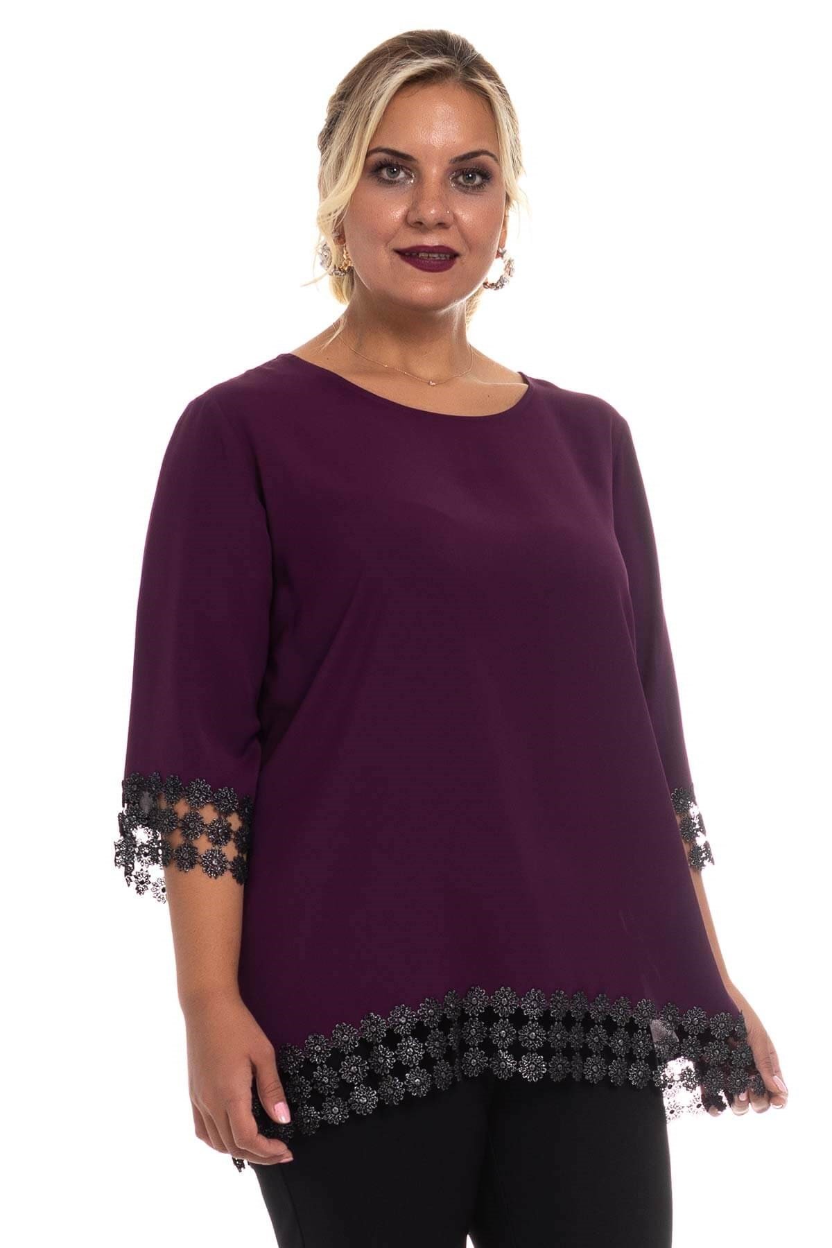 7041 Kolu ve Etek Ucu Papatya Güpür Büyük Beden Bluz