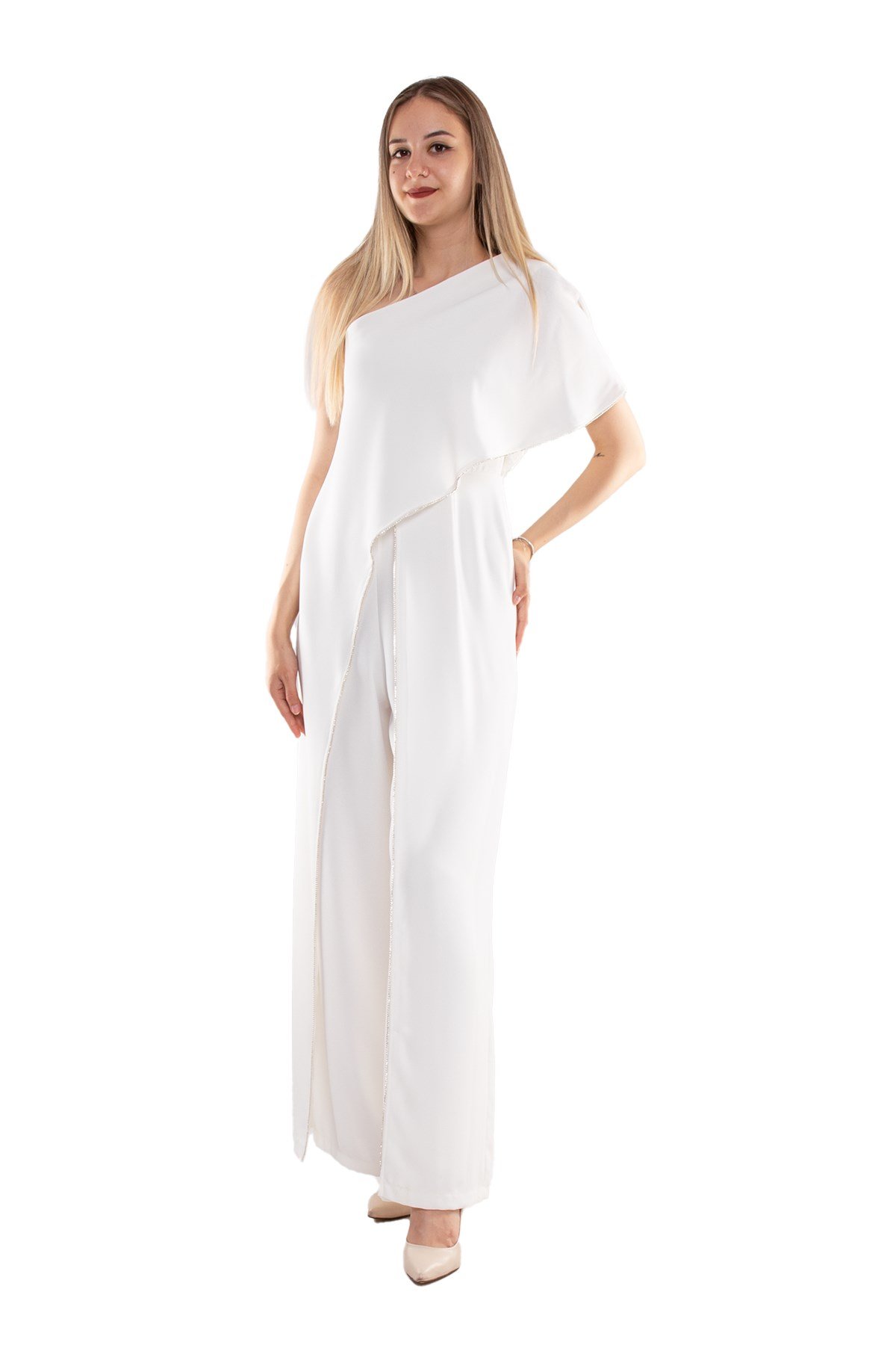 70441 Sıra Taşlı Tek Omuz Şal Detay Krep Abiye Tulum