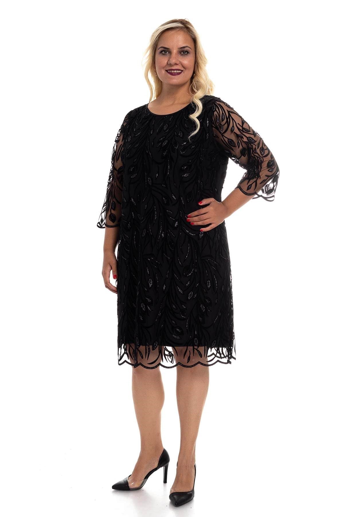 7069 Büyük Beden Yaprak Kadife Sim İşleme Astarlı Kısa Elbise