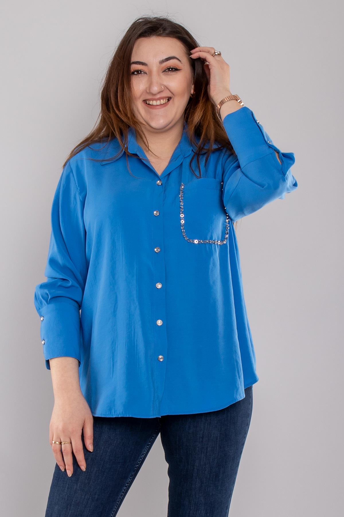 7082 Büyük Beden Cebi Boncuklu Düğmeli Modal Gömlek