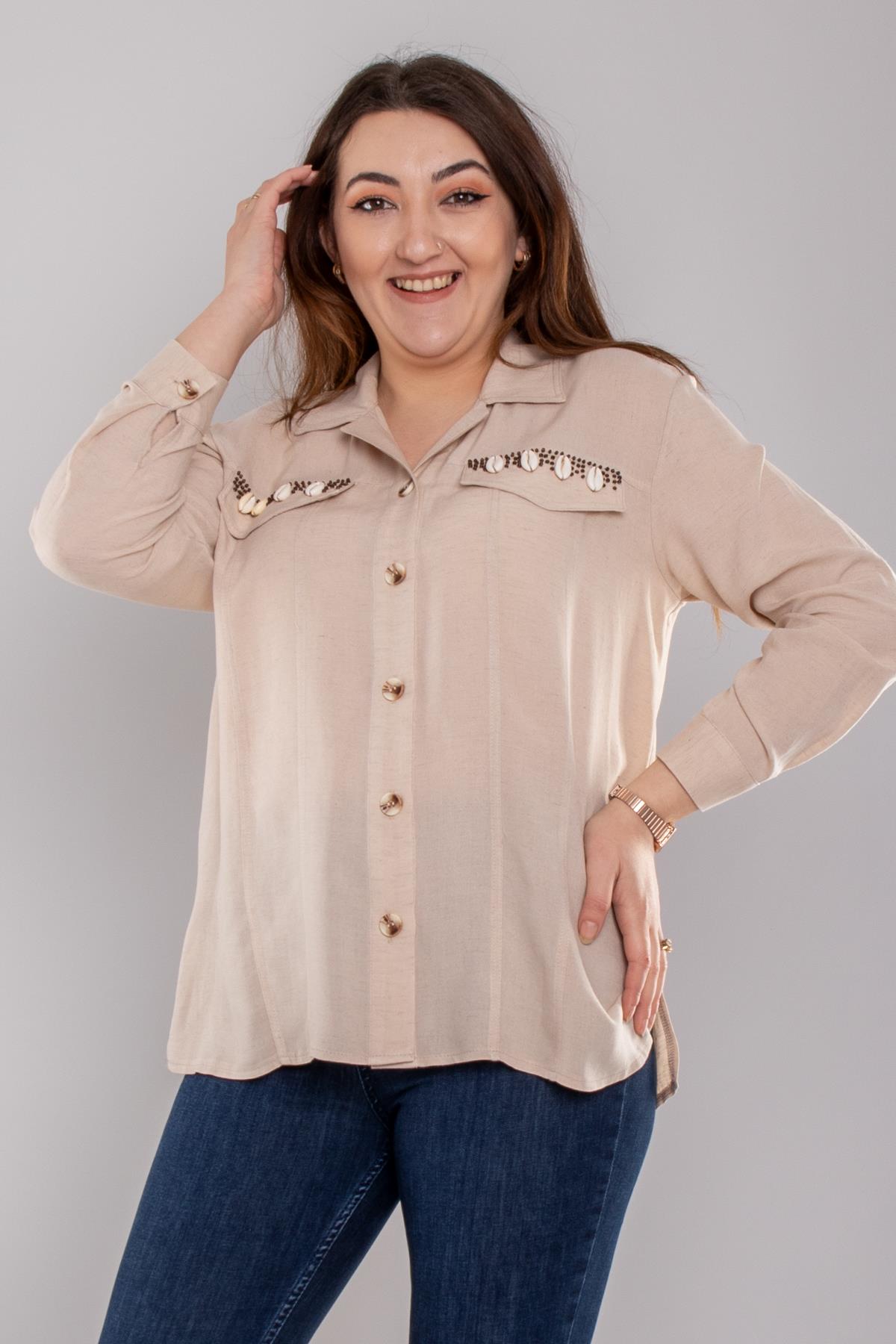 7085 Büyük Beden Cep Detay Düğmeli Linen Gömlek