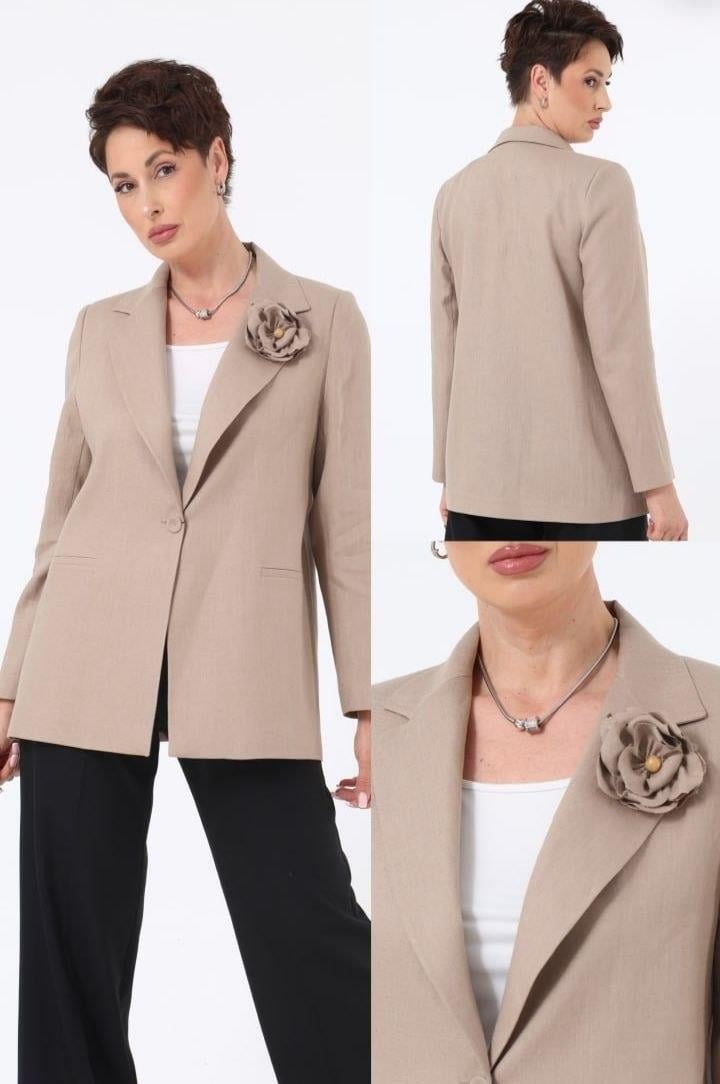 711 Büyük Beden Keten Gül Broşlu Tek Düğme Blazer Ceket