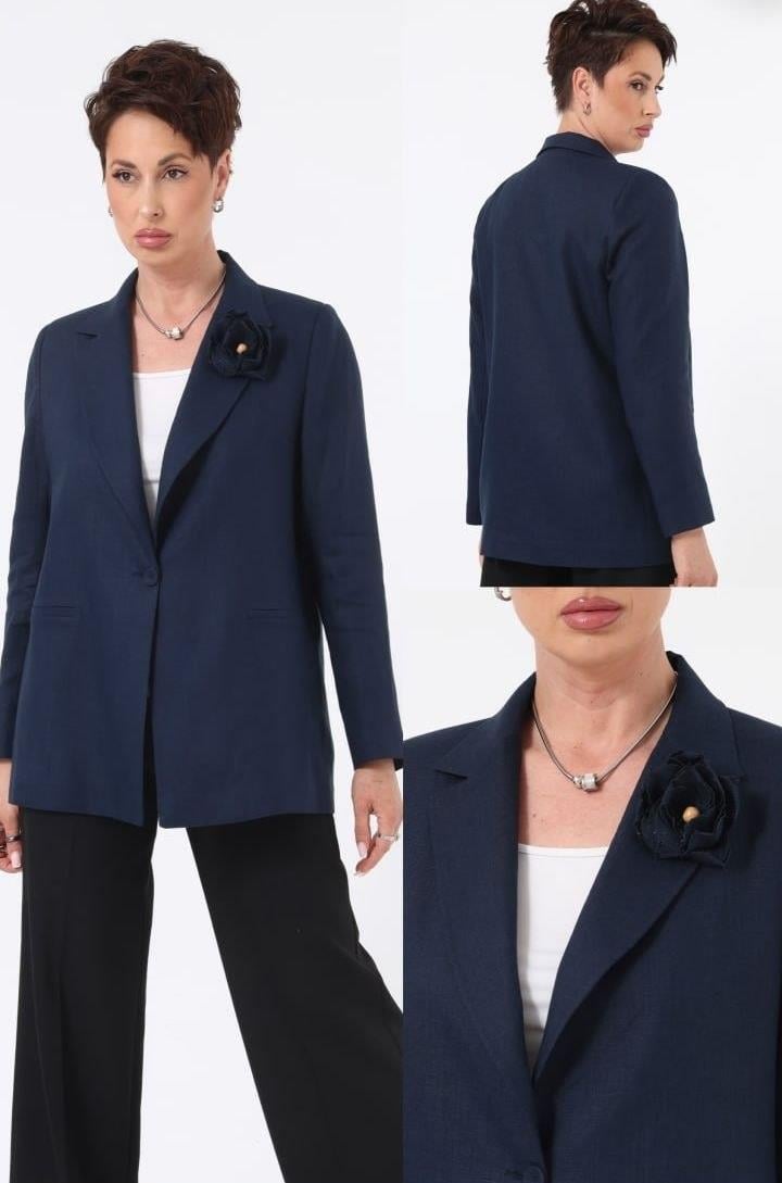 711 Büyük Beden Keten Gül Broşlu Tek Düğme Blazer Ceket