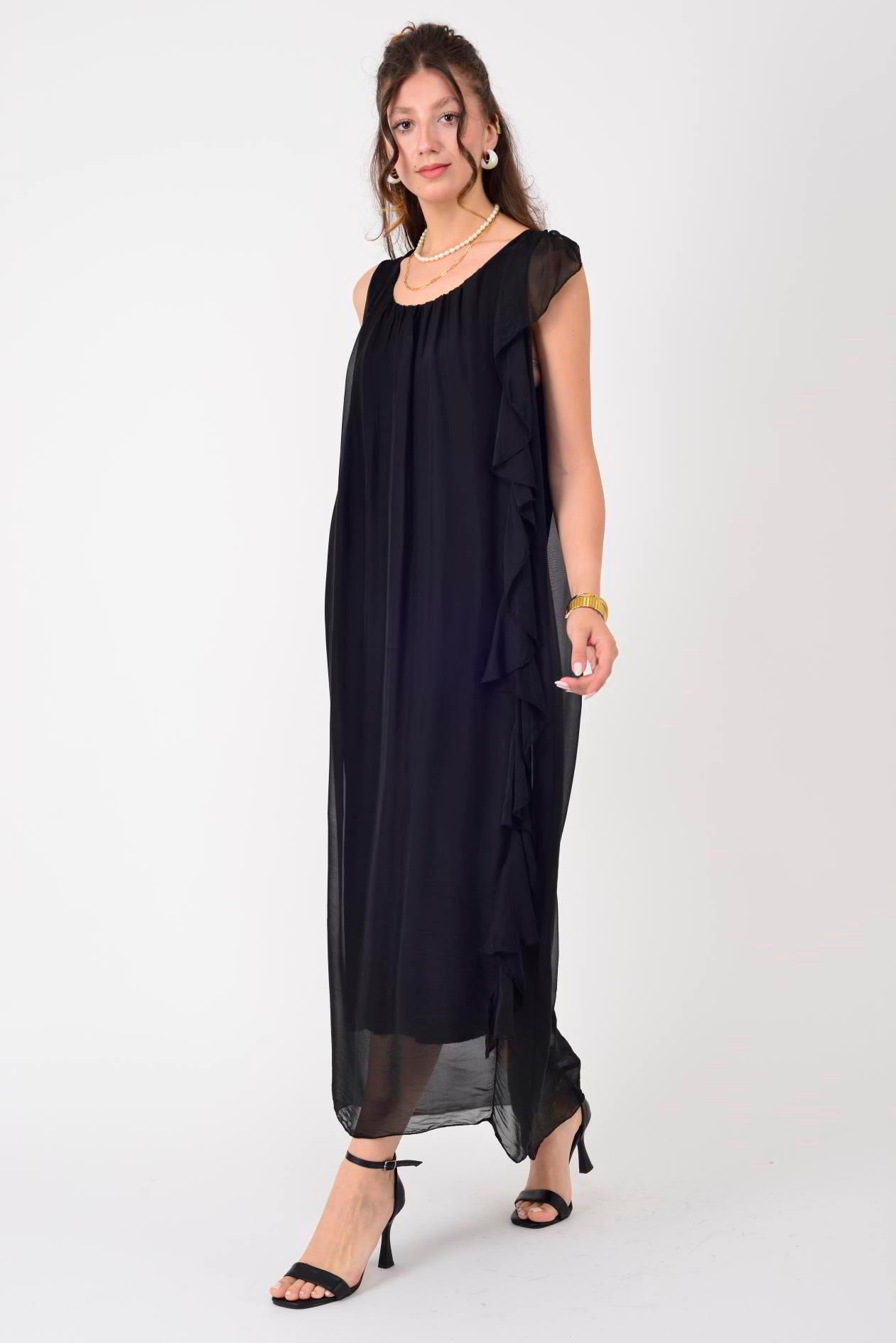 7338 Fırfır Detaylı Sufur Kol Uzun İpek Elbise