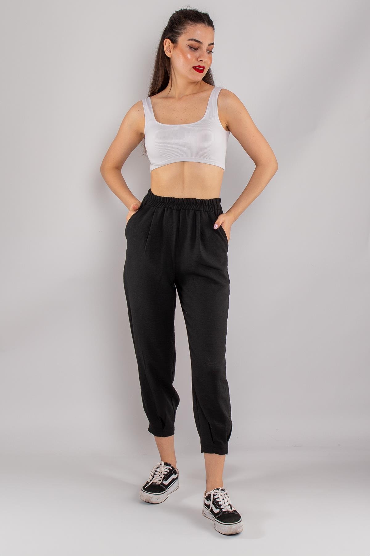 7635 Beli Lastikli Paça Pensli Viscon Şalvar Pantolon