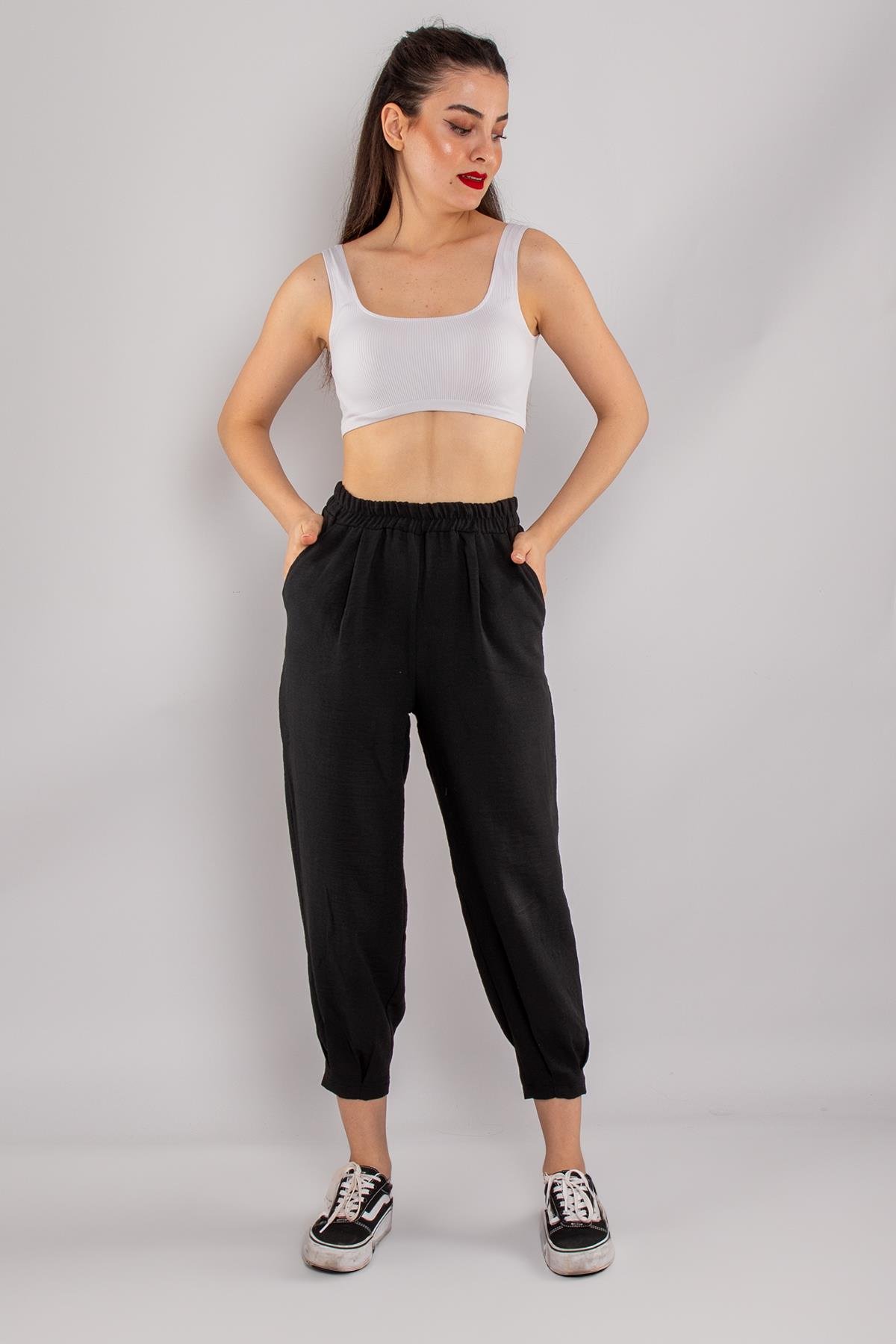 7635 Beli Lastikli Paça Pensli Viscon Şalvar Pantolon