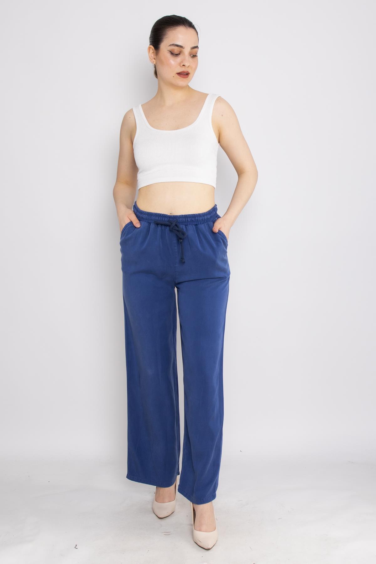 80330 Beli Lastikli Bol Paça Tencel Pantolon