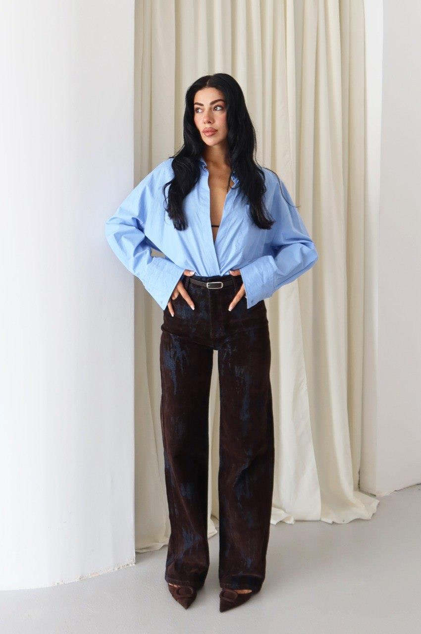 8077 Kadife Flok Baskı Wide Kemerli BolPaça Pantolon