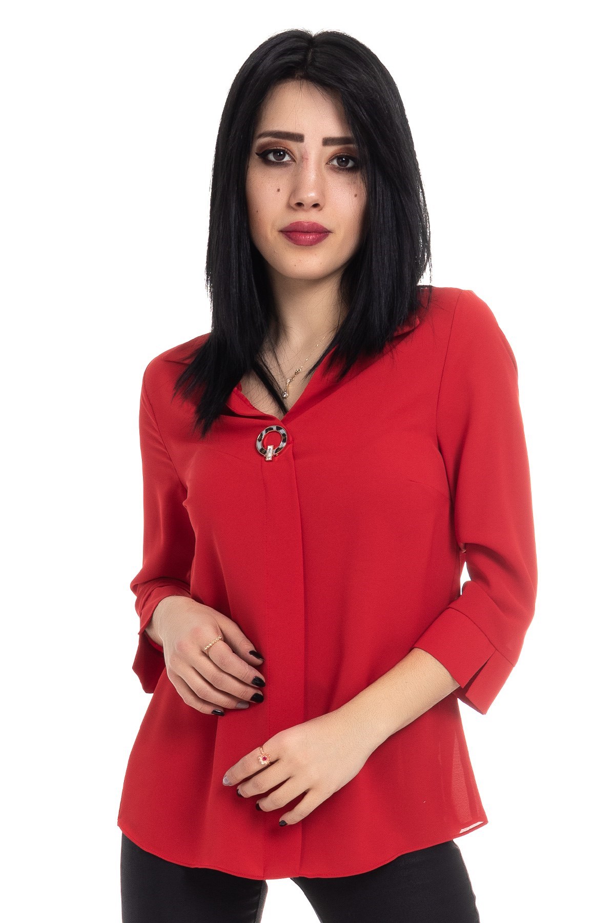 81285 Broşlu Truvakar Kol Krep Bluz