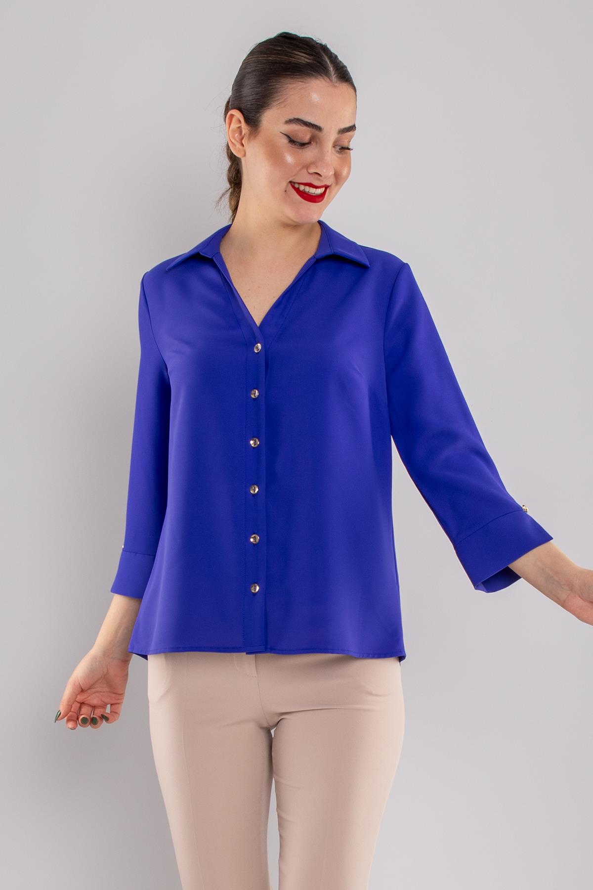 81834 Truvakar Kol Kruvaze Yaka Düğmeli Krep Bluz