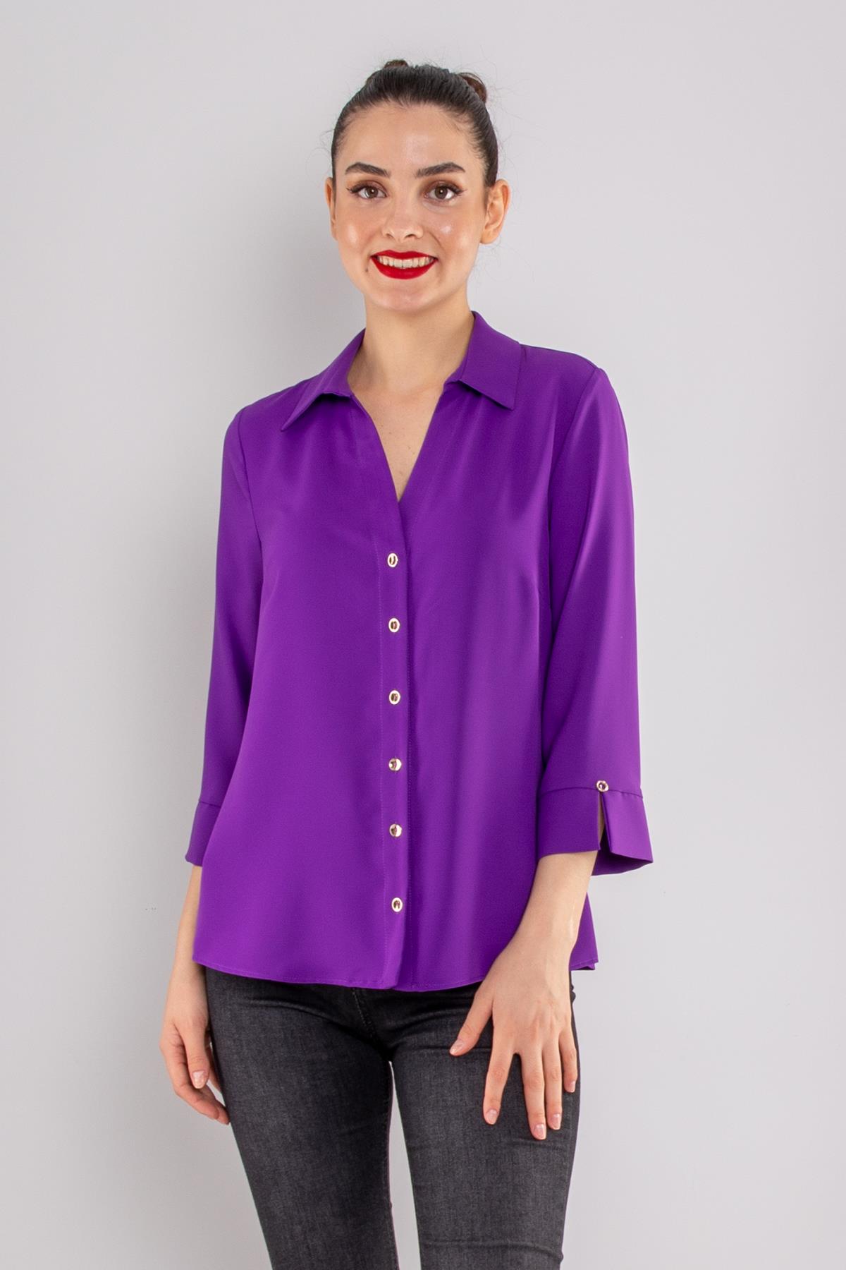 81834 Truvakar Kol Kruvaze Yaka Düğmeli Krep Bluz