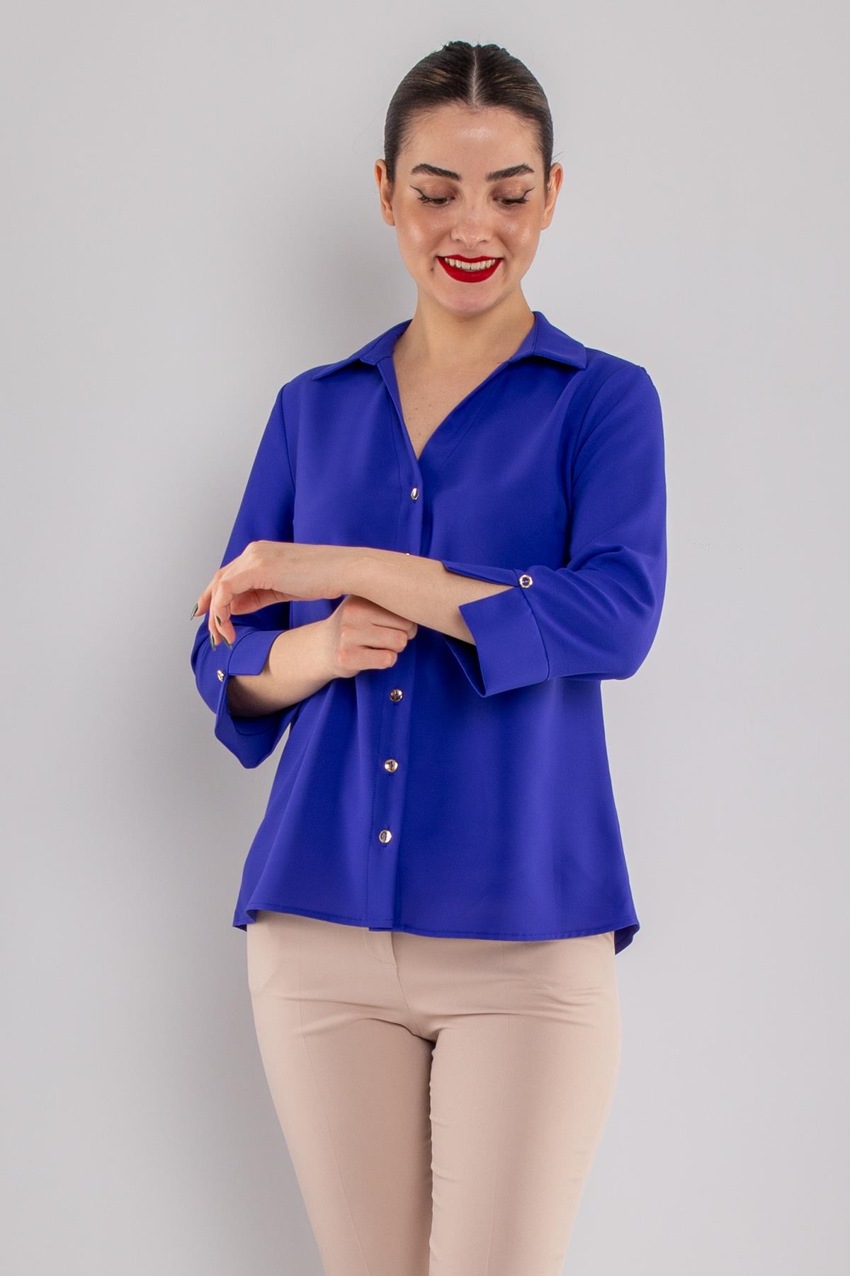 81834 Truvakar Kol Kruvaze Yaka Düğmeli Krep Bluz