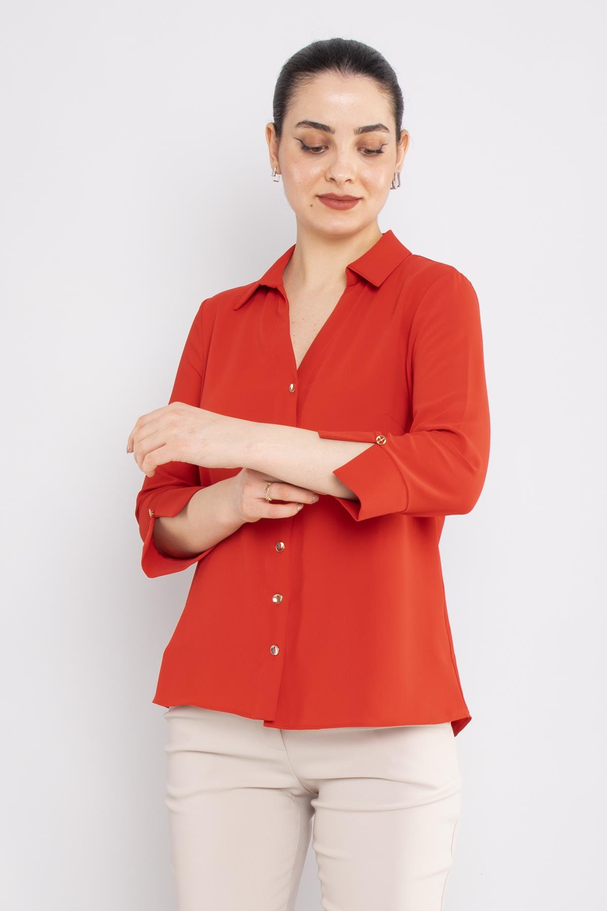 81834 Truvakar Kol Kruvaze Yaka Düğmeli Krep Bluz