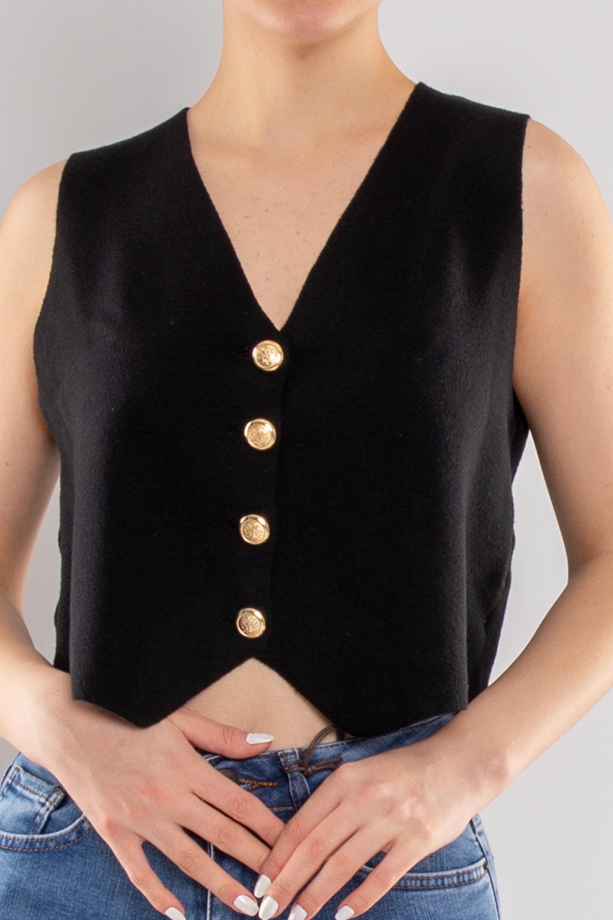 844 Gold Düğmeli Kısa Crop Triko Yelek