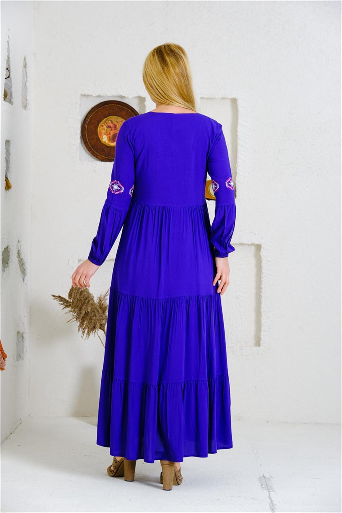 9041 Yaka Nakışlı Kollu Uzun Pamuk Otantik Elbise