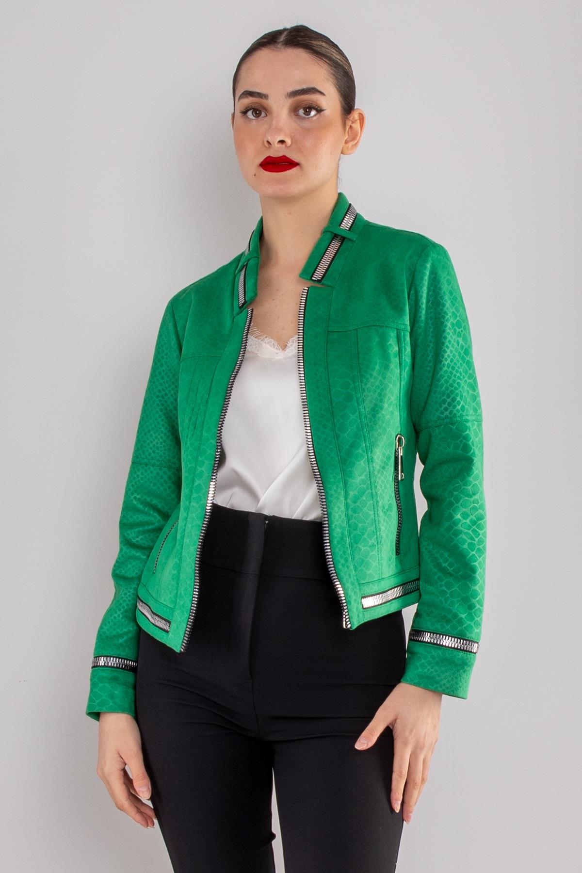 90456 Kendinden Desenli Fermuar Detay Nubuk Ceket