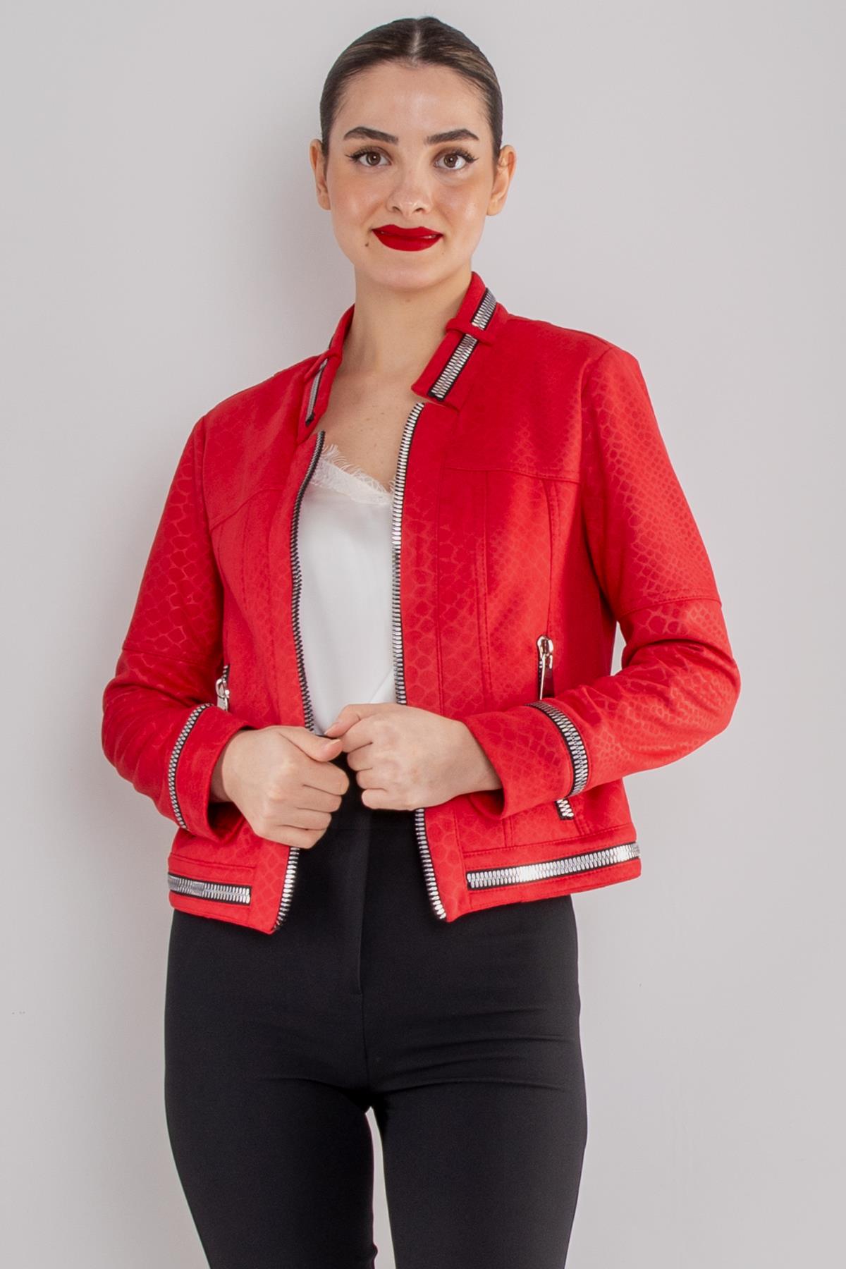 90456 Kendinden Desenli Fermuar Detay Nubuk Ceket