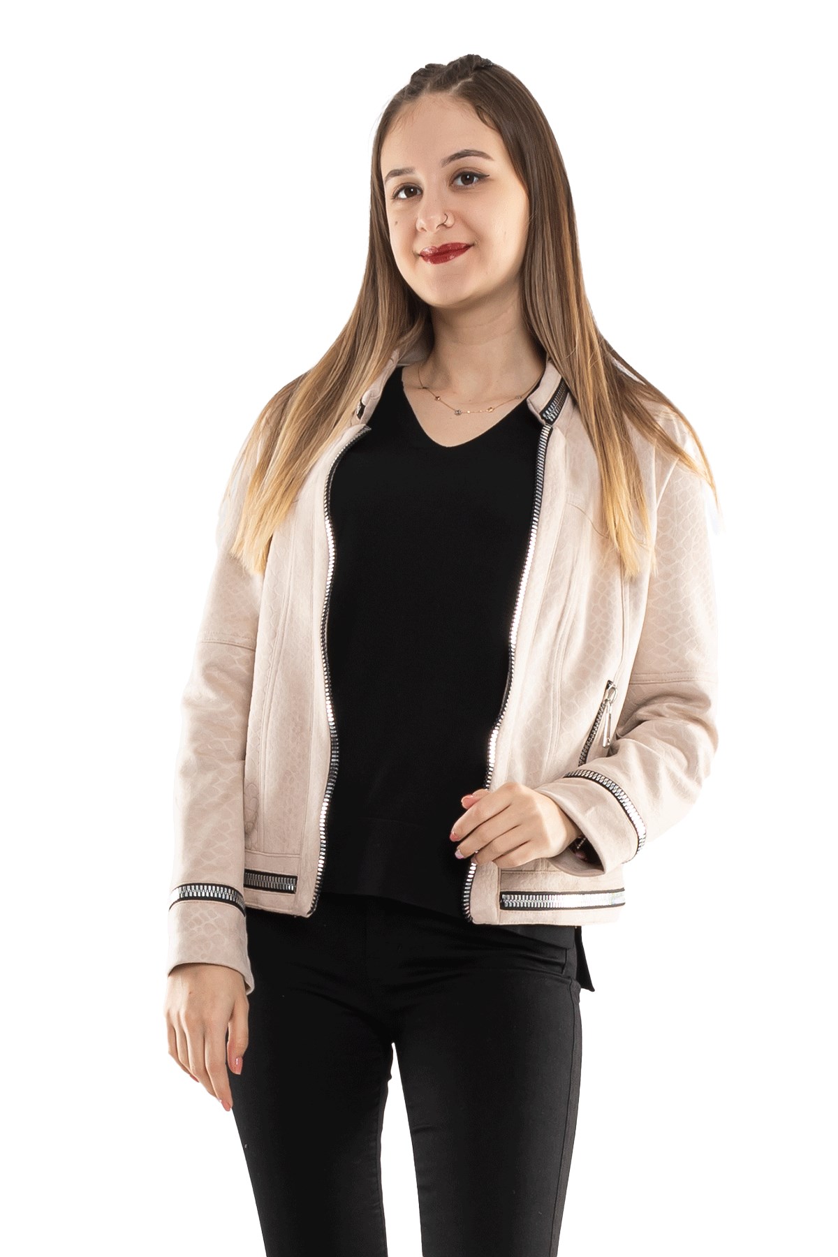 90456 Kendinden Desenli Fermuar Detay Nubuk Ceket