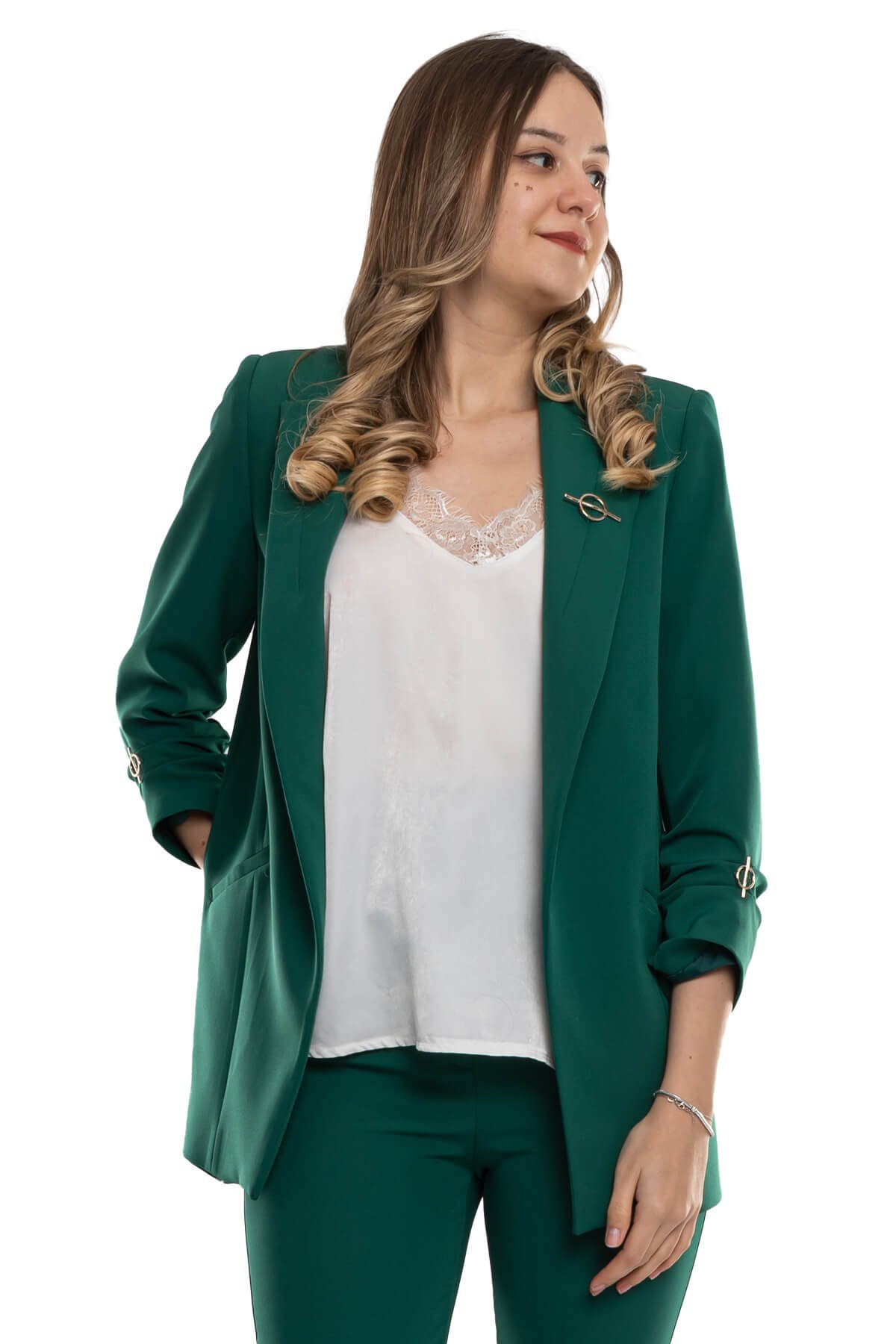 90503 Broşlu Büzgülü Kol Astarlarlı Blazer Ceket