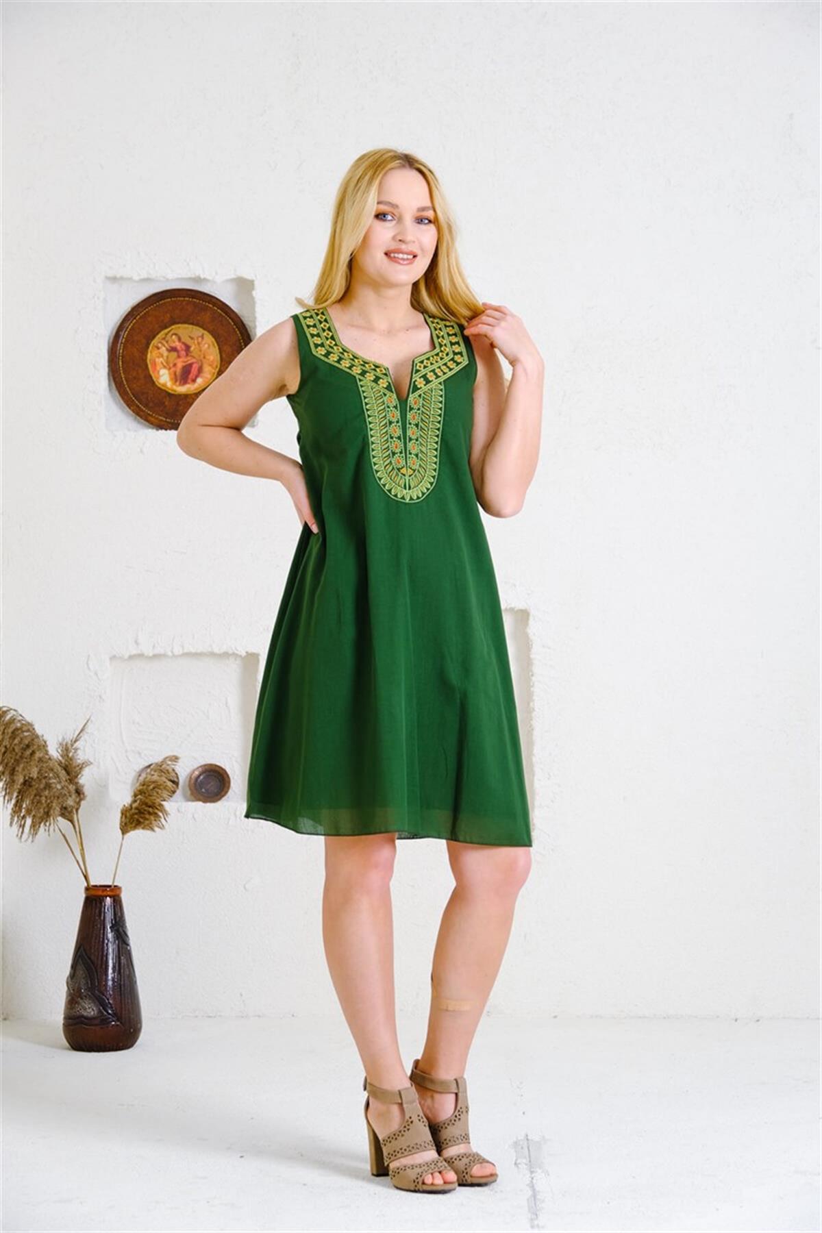 9060 Etnik Desen Kolsuz Pamuk Otantik Elbise