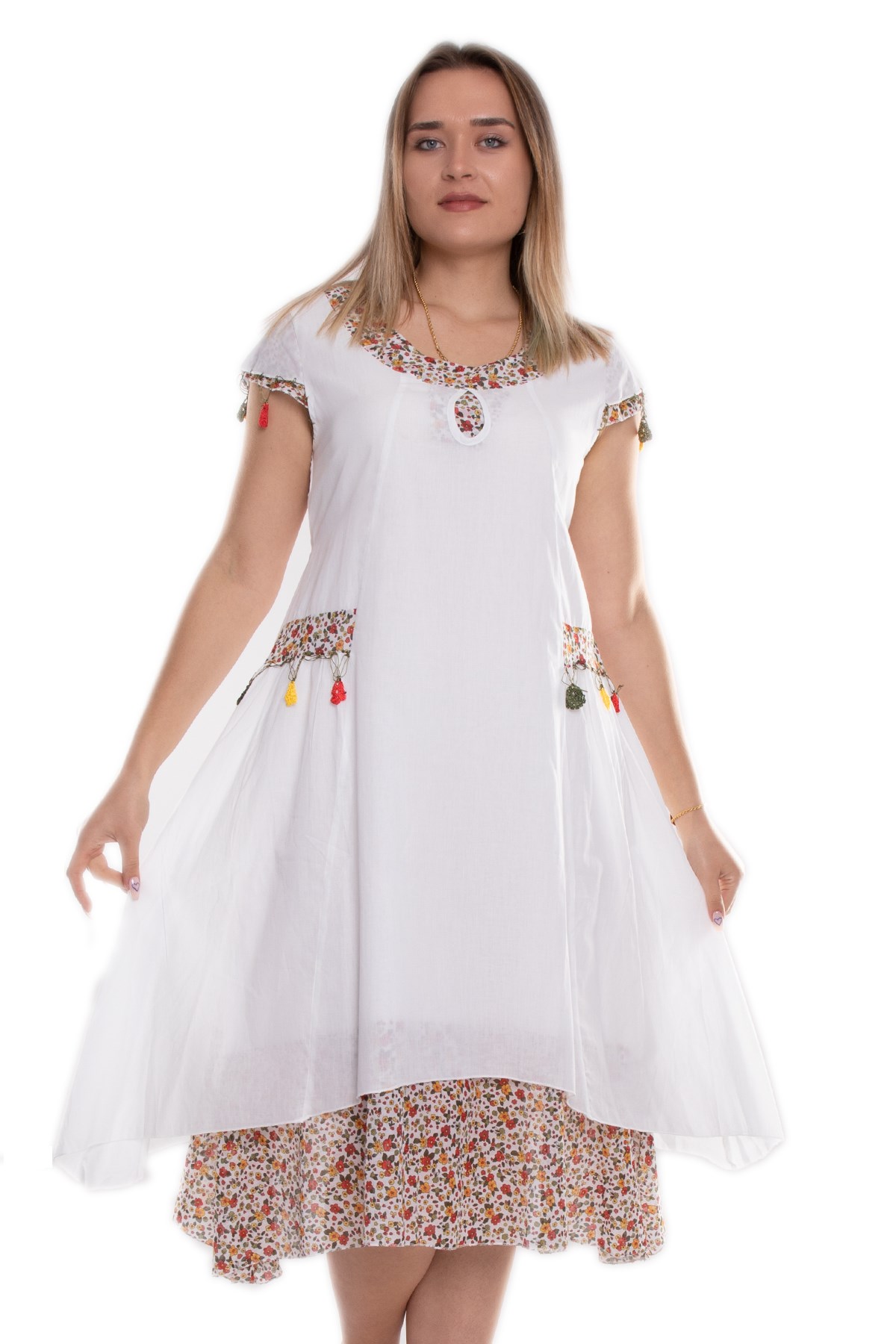 9115 Oya İşli Eteği Parçalı Katlı Kısa Kol Pamuk Otantik Elbise