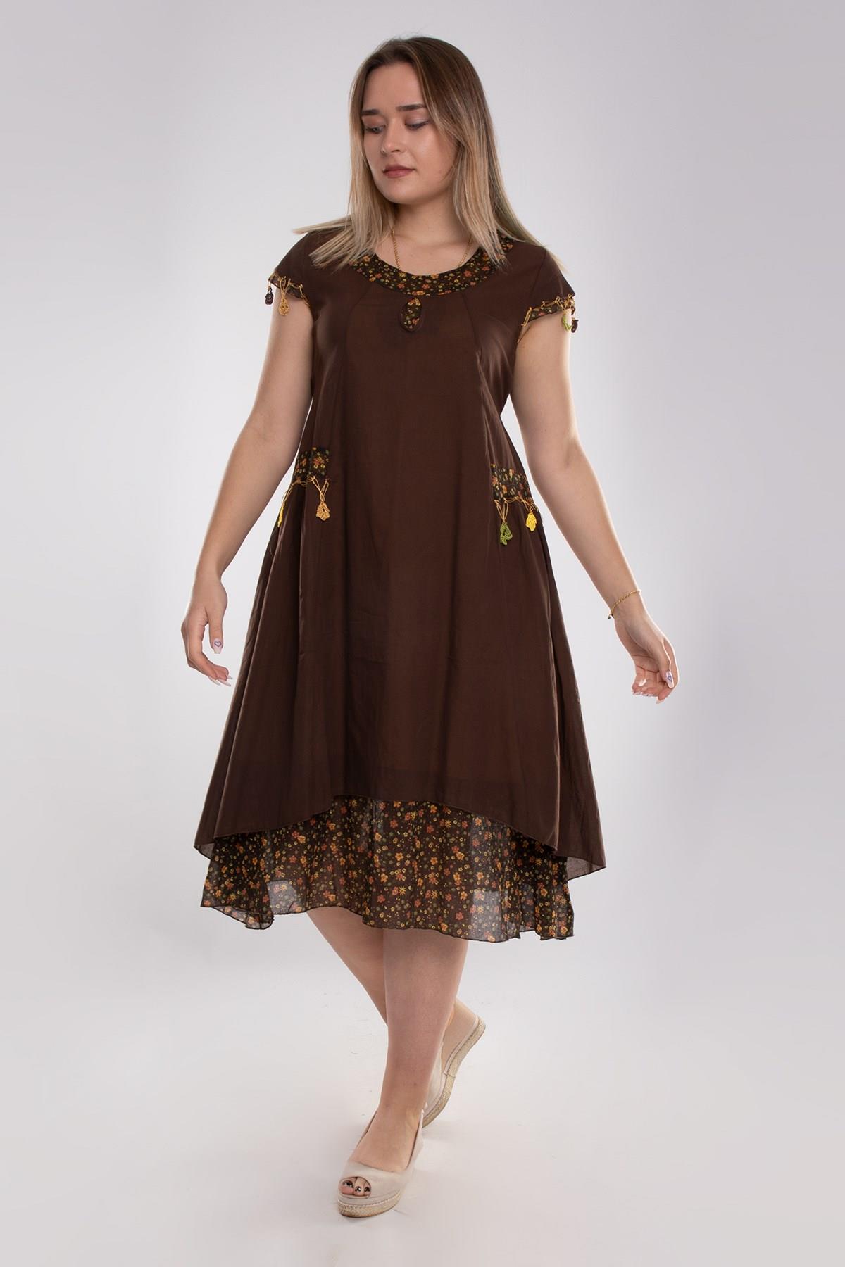 9115 Oya İşli Eteği Parçalı Katlı Kısa Kol Pamuk Otantik Elbise