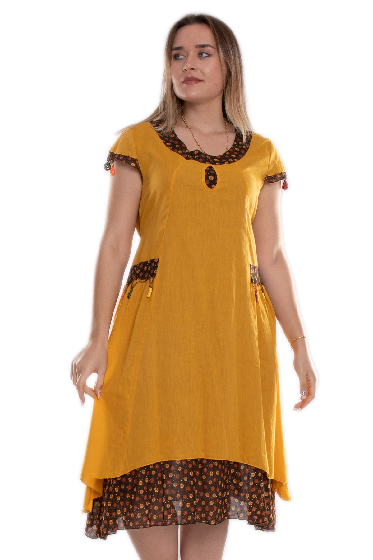 9115 Oya İşli Eteği Parçalı Katlı Kısa Kol Pamuk Otantik Elbise