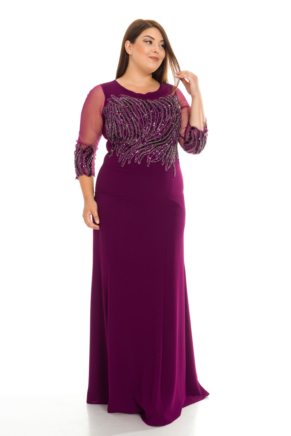 9170 TÜLKOLU ÖNÜ PULPAYET İŞLEME KREP UZUN ELBİSE