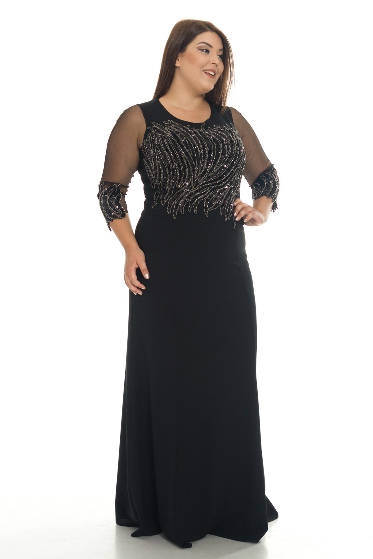 9170 TÜLKOLU ÖNÜ PULPAYET İŞLEME KREP UZUN ELBİSE