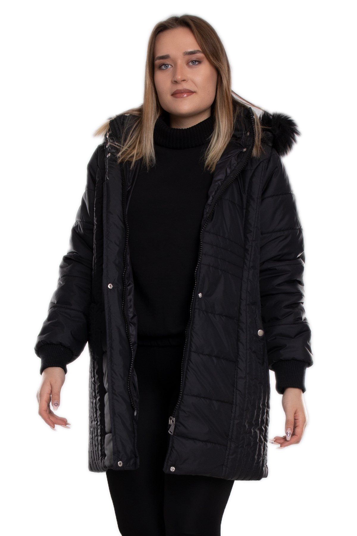 9754 Büyük Beden Kapitone Kapüşonu Kürklü Astarlı Uzun Kadın Mont