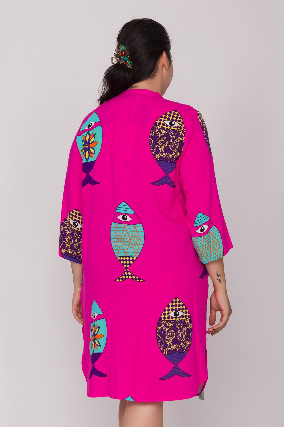 AN110 Truvakar Kol Balık Desen Yakasız Cepli Viscon Kısa Elbise