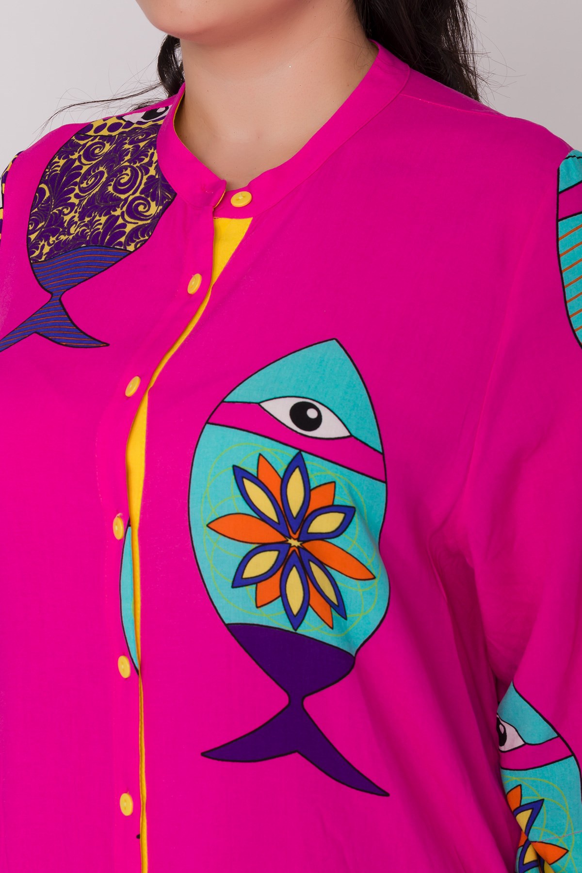 AN110 Truvakar Kol Balık Desen Yakasız Cepli Viscon Kısa Elbise