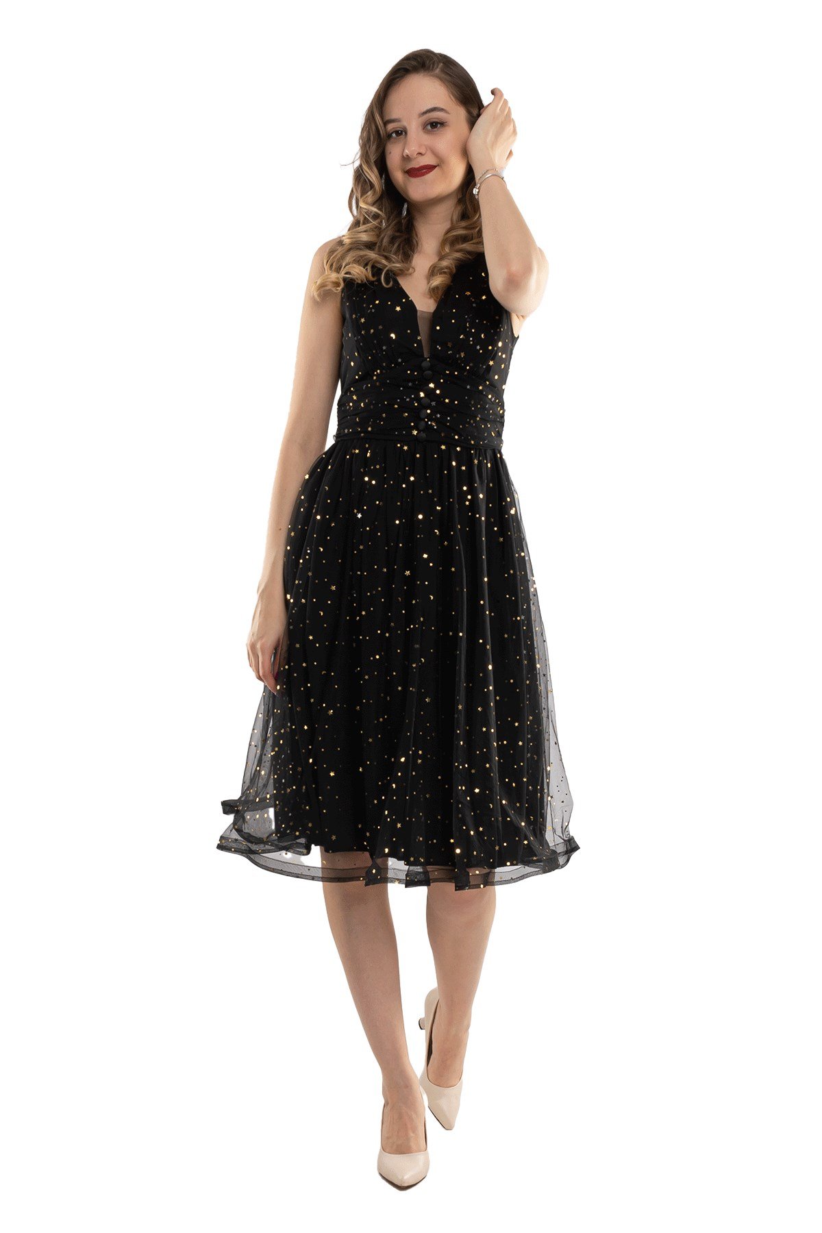 D-1123 Yıldız Baskılı Eteği Kloş Tül Kısa Elbise