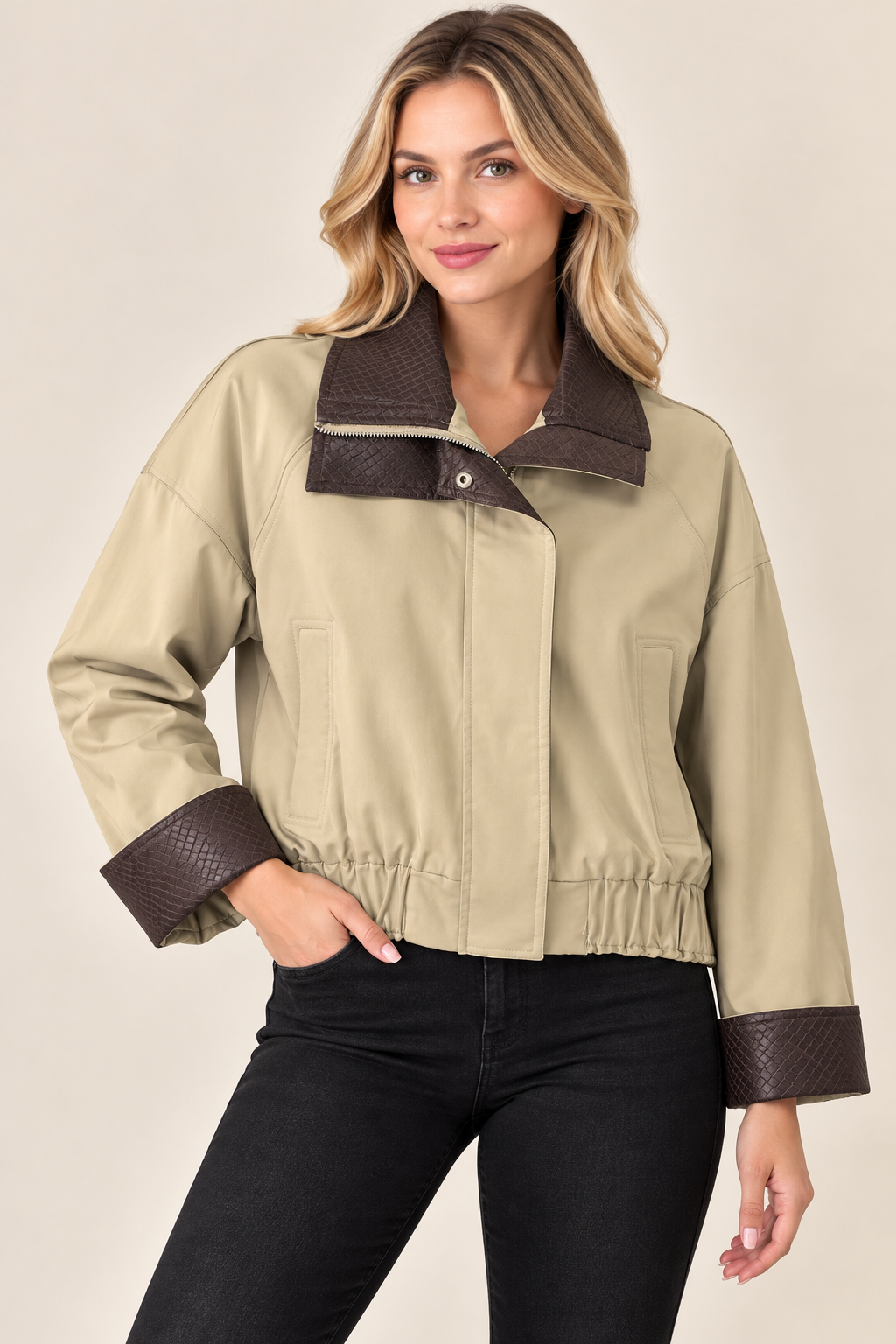 D100032 İki Renk Deri Detay Crop Bomber Mont