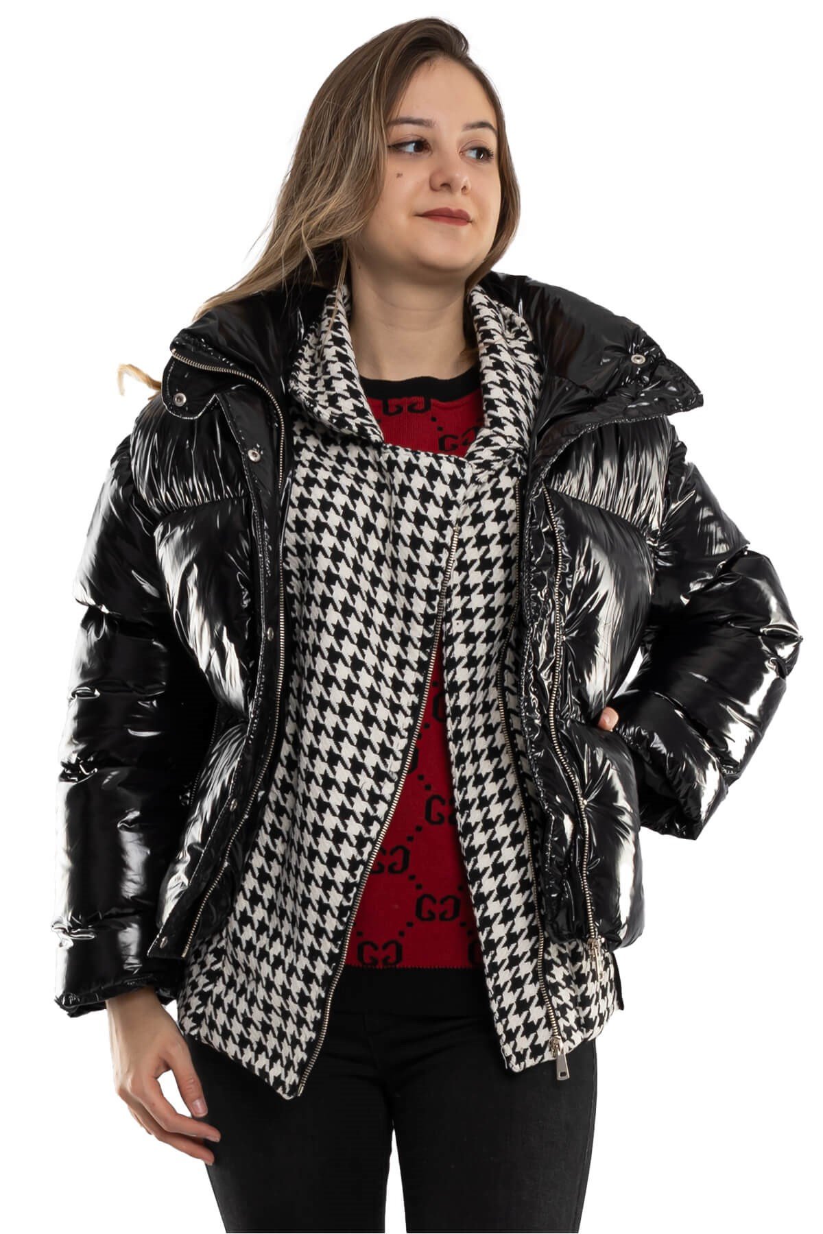 D89580 Kazayağı Astarlı Kısa Şişme Kadın Mont