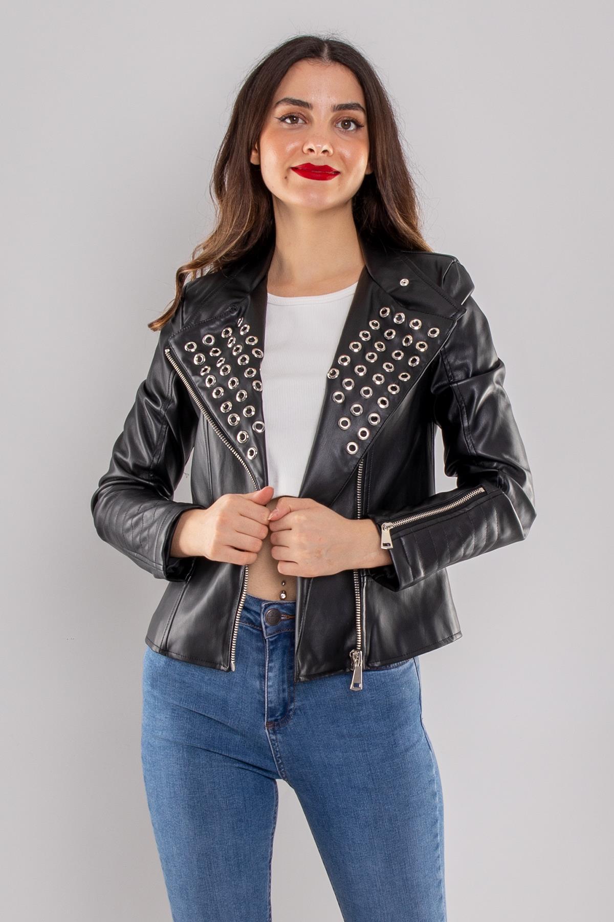 D99072 Yandan Fermuar Detay Yaka Zımbalı Deri Ceket