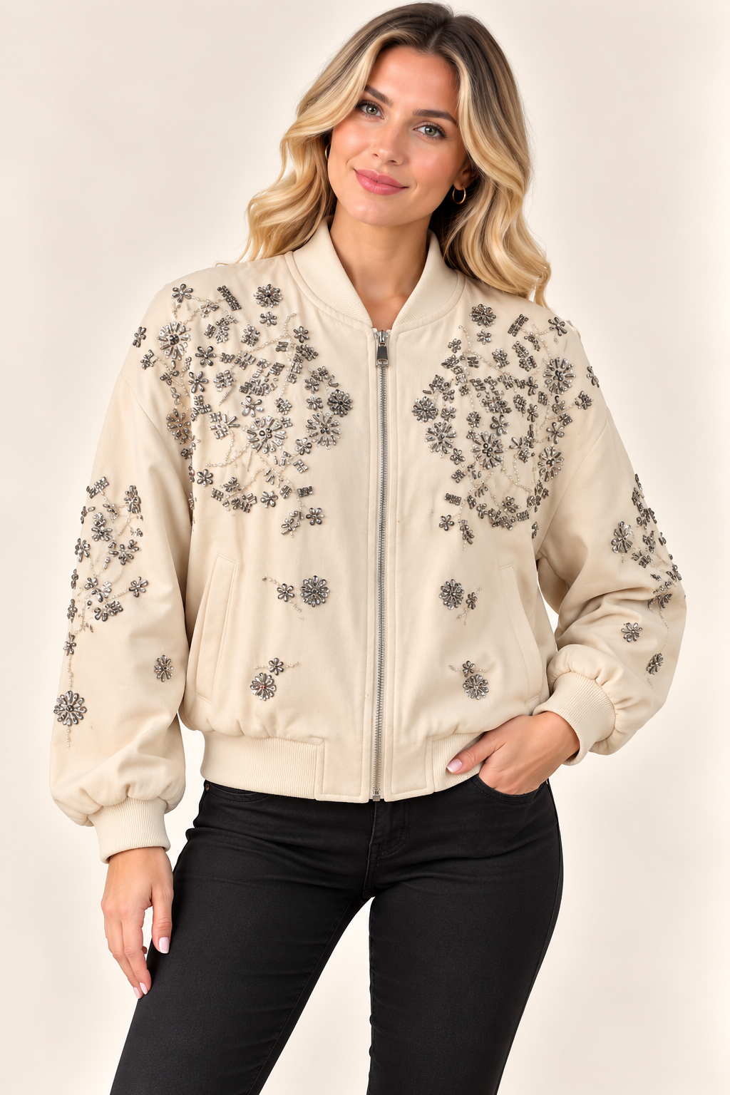 D99927 Boncuk Çiçek Nakışlı Bomber Mont