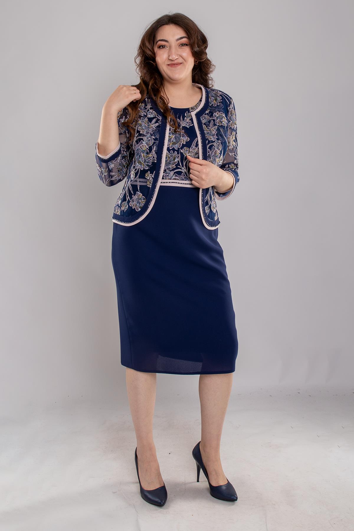 M-1008 Büyük Beden Nakışlı Tül Detay Kısa Elbise Ceket Takım