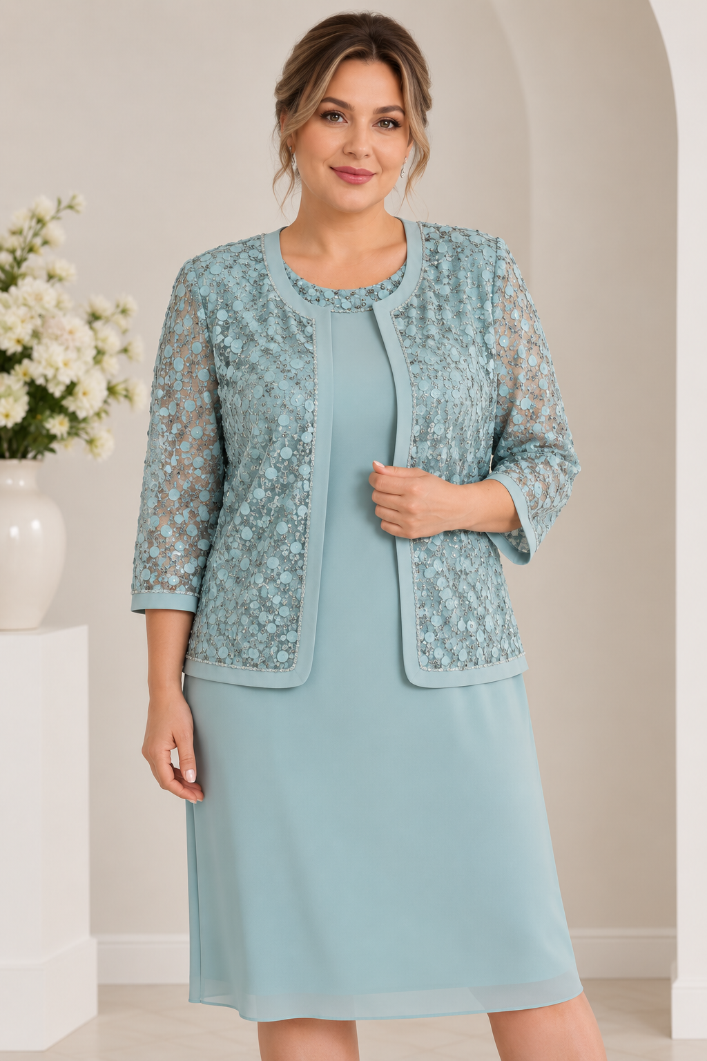 M-1158 Büyük Beden 3D Pulpayet Nakışlı Ceket Kısa Elbise Takım
