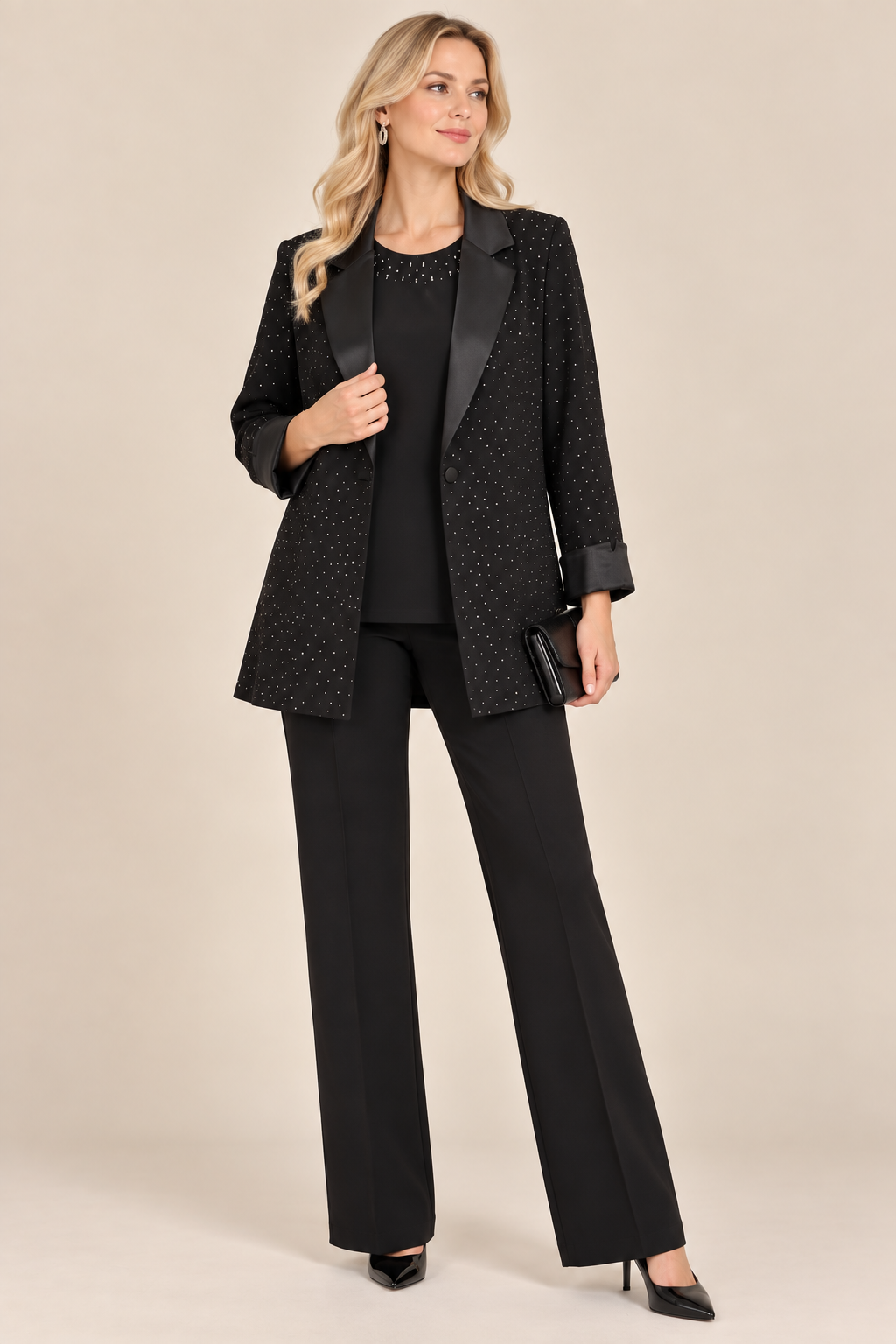 M-1169 Büyük Beden Serpme Taşlı Ceket Bluz Pantolon Üçlü Takım