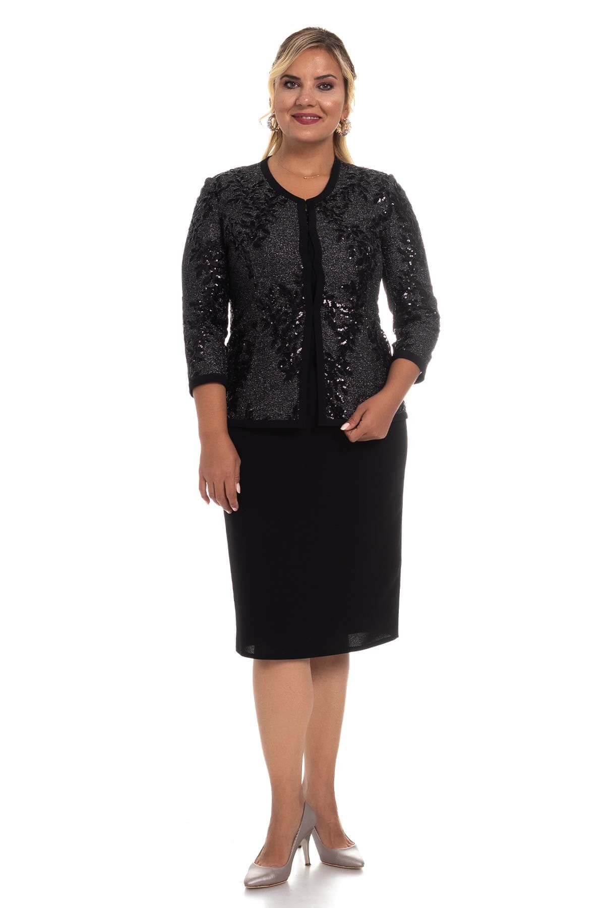 M-627 Büyük Beden Simli Pulpayet Kısa Elbise Ceket Takım