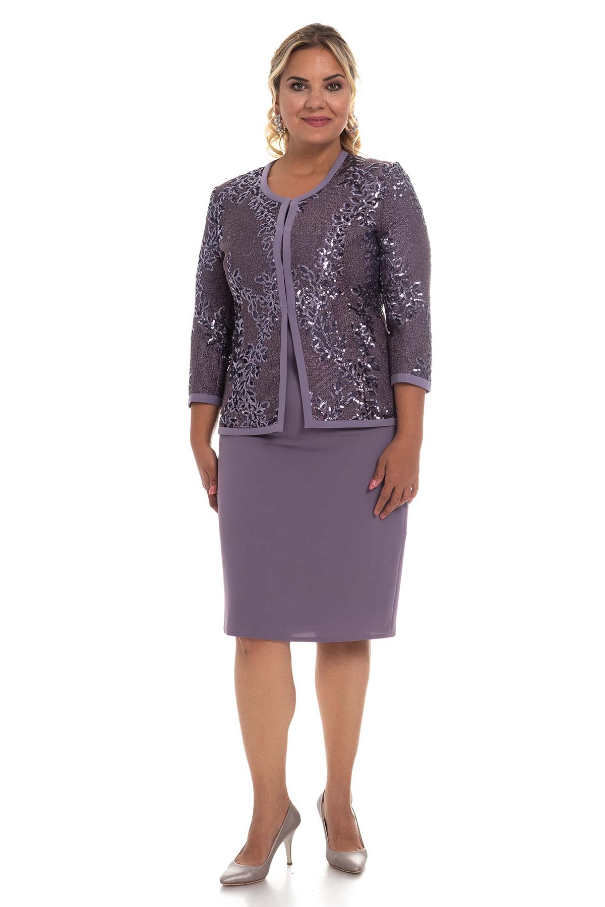 M-627 Büyük Beden Simli Pulpayet Kısa Elbise Ceket Takım